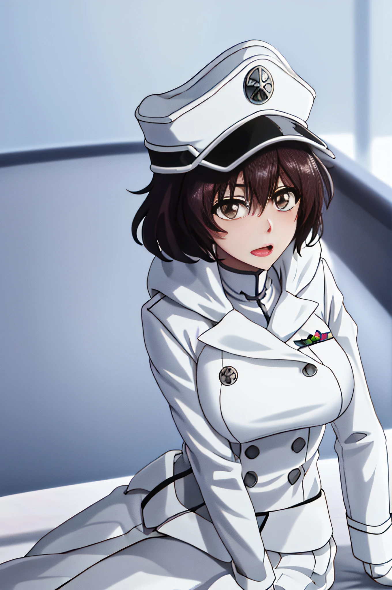 Bambietta, sitting on sofa, blushing, open mouth, dark brown eyes, hat, (white skirt), white military uniform, closed medium breasts | big breasts masterpiece, meticulous, intricate details