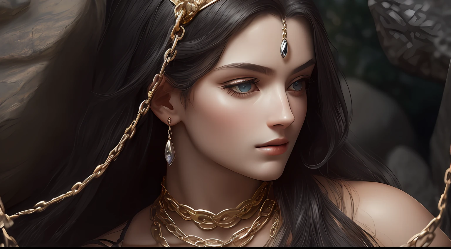 In ((Greek mythology)), Andromeda, a very detailed photograph, perfect face, very long black hair. It was ((chained to a rock with thick chains)), ((without clothes)), ((except some jewelry of great value)) 8K, 16:9 --auto