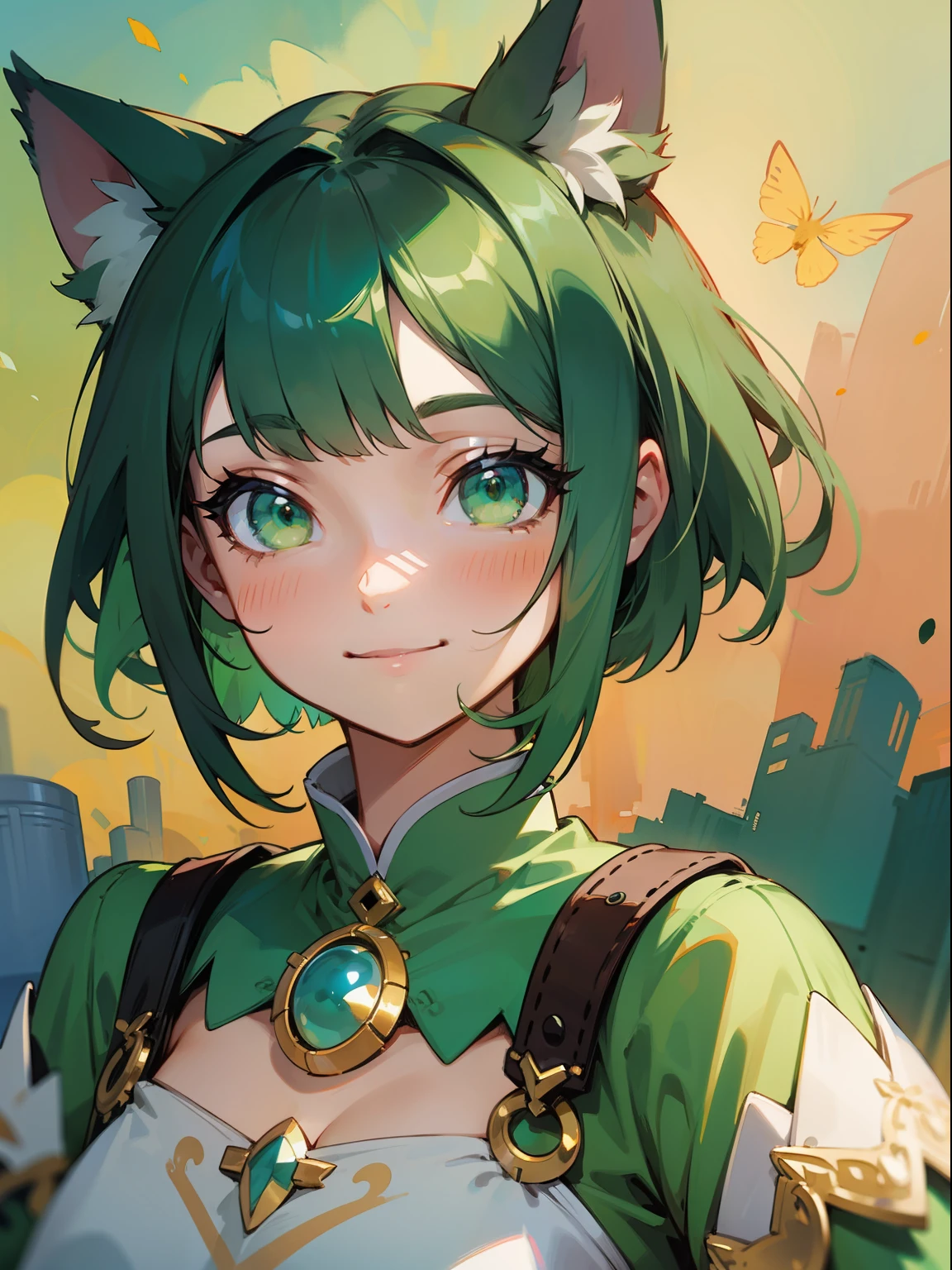 watercolor, cat girl, green short bob hair, green eyes, smile, fantasy