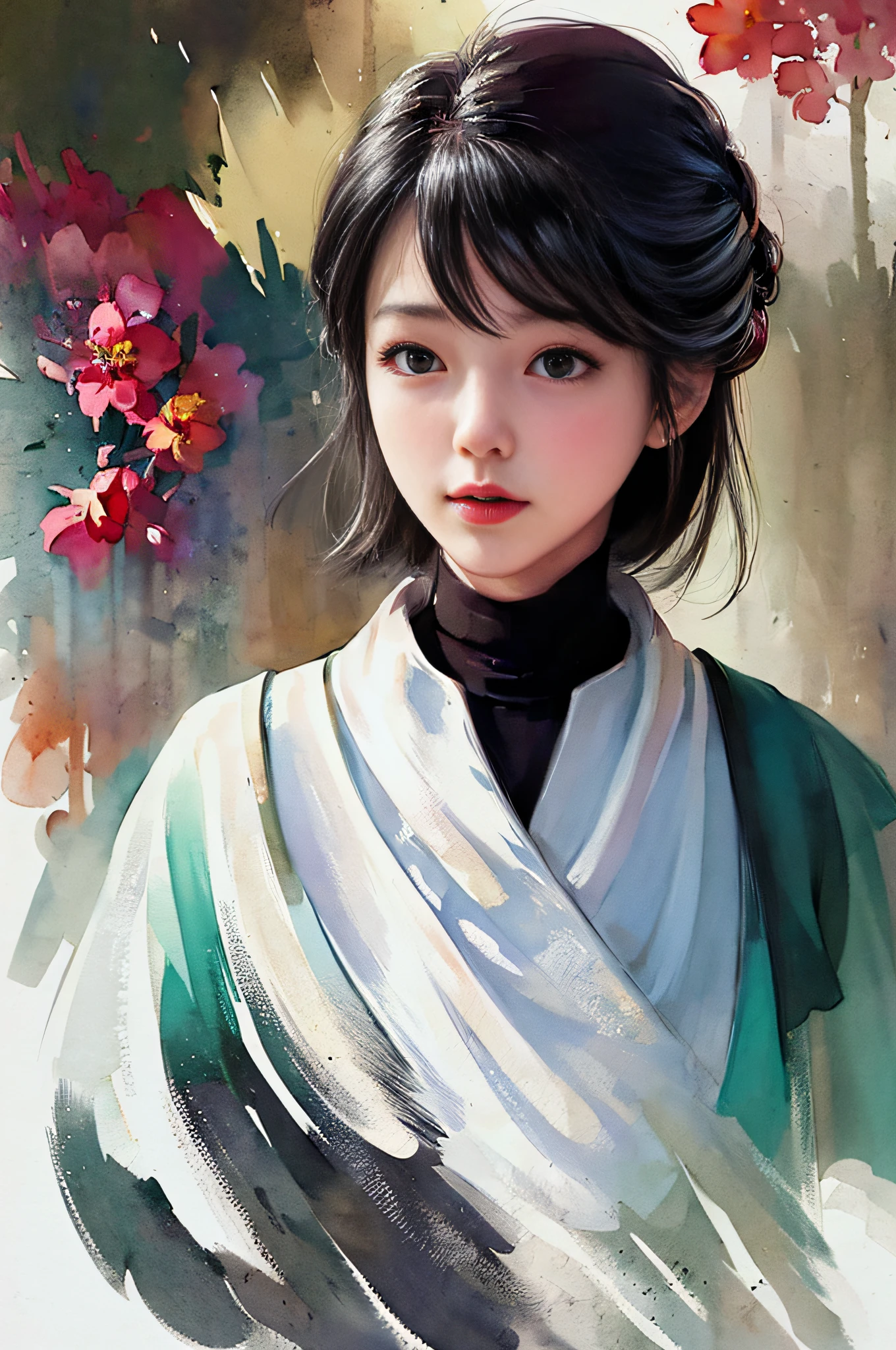 stechu,(white background:1.4), ((tachi-e)), original,(illustration:1.1),(best quality),(masterpiece:1.1),(extremely detailed CG unity 8k wallpaper:1.1), (colorful:0.9),(panorama shot:1.4),(solo:1.2), (ink splashing),(color splashing),((watercolor)), clear sharp focus,{ 1girl standing },((korean style )),flower background,outdoors,rocks, looking at viewer, make happy expressions,soft smile,pure,beautyfull detailed face and eyes,beautyfull intricacy clothing decorative pattern details, black hair,black eyes,colorwater