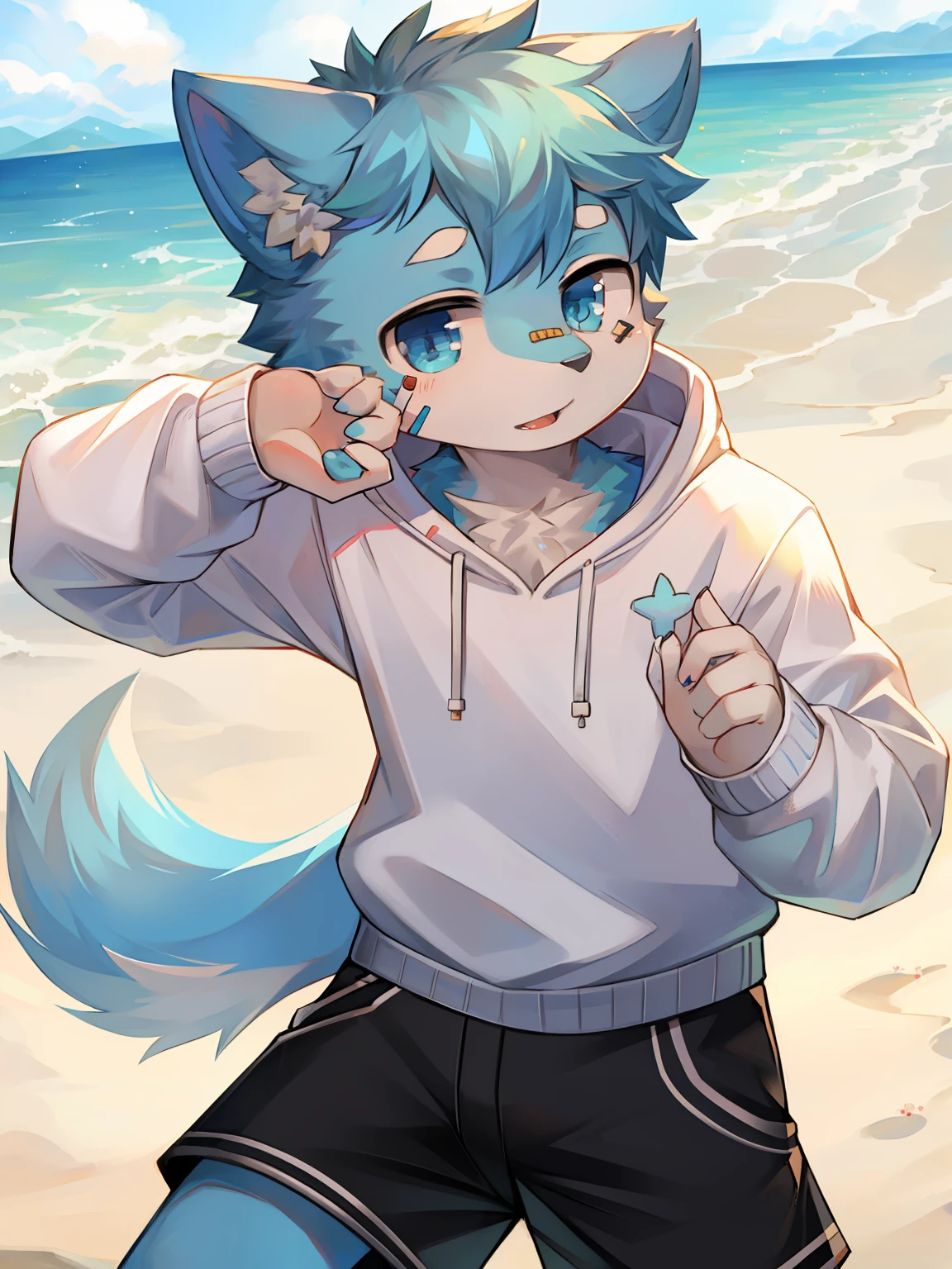 Dog, light blue fur covering all over, white sweatshirt, black shorts, band-aid, little boy, summer, pose