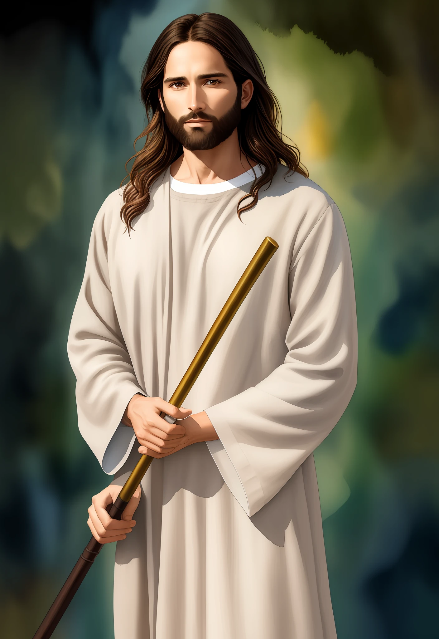 A beautiful ultra-thin realistic portrait of Jesus the prophet, a 33-year-old man Hebrew brunette, short brown hair, long brown beard, with staff in hand, wearing long linen tunic closed on the chest part, in front view, full body, biblical, realistic, Digital art, style, watercolor