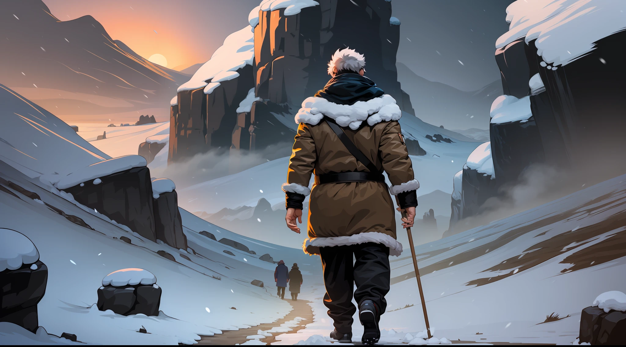 ((1man)) a muscular old man walking in a blizzard, back view, snow, ice age, wind, mist, rock hills, mwvector
