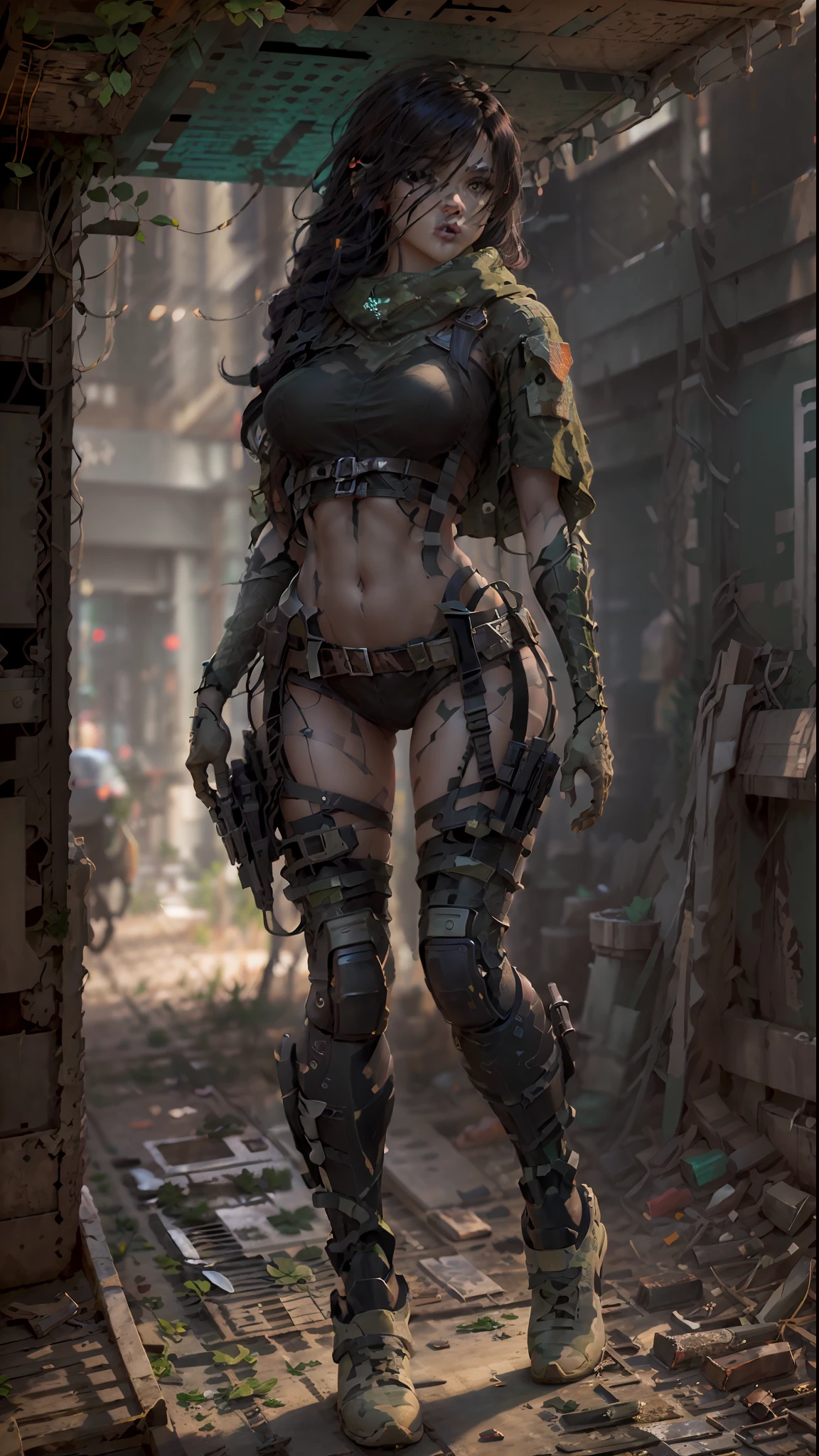 ((Best quality)), ((masterpiece)), (highly detailed:1.3), 3D, beautiful (cyberpunk:1.2) special forces, robort,female with thick voluminous hair wearing (wearing camouflage_uniform:1.1), body armour,cape,digital (camouflage:1.3),HDR (High Dynamic Range),Ray Tracing,NVIDIA RTX,Super-Resolution,Unreal 5,Subsurface scattering,PBR Texturing,Post-processing,Anisotropic Filtering,Depth-of-field,Maximum clarity and sharpness,Multi-layered textures,Albedo and Specular maps,Surface shading,Accurate simulation of light-material interaction,Perfect proportions,Octane Render,Two-tone lighting,Wide aperture,Low ISO,White balance,Rule of thirds,8K RAW,Efficient Sub-Pixel,sub-pixel convolution,