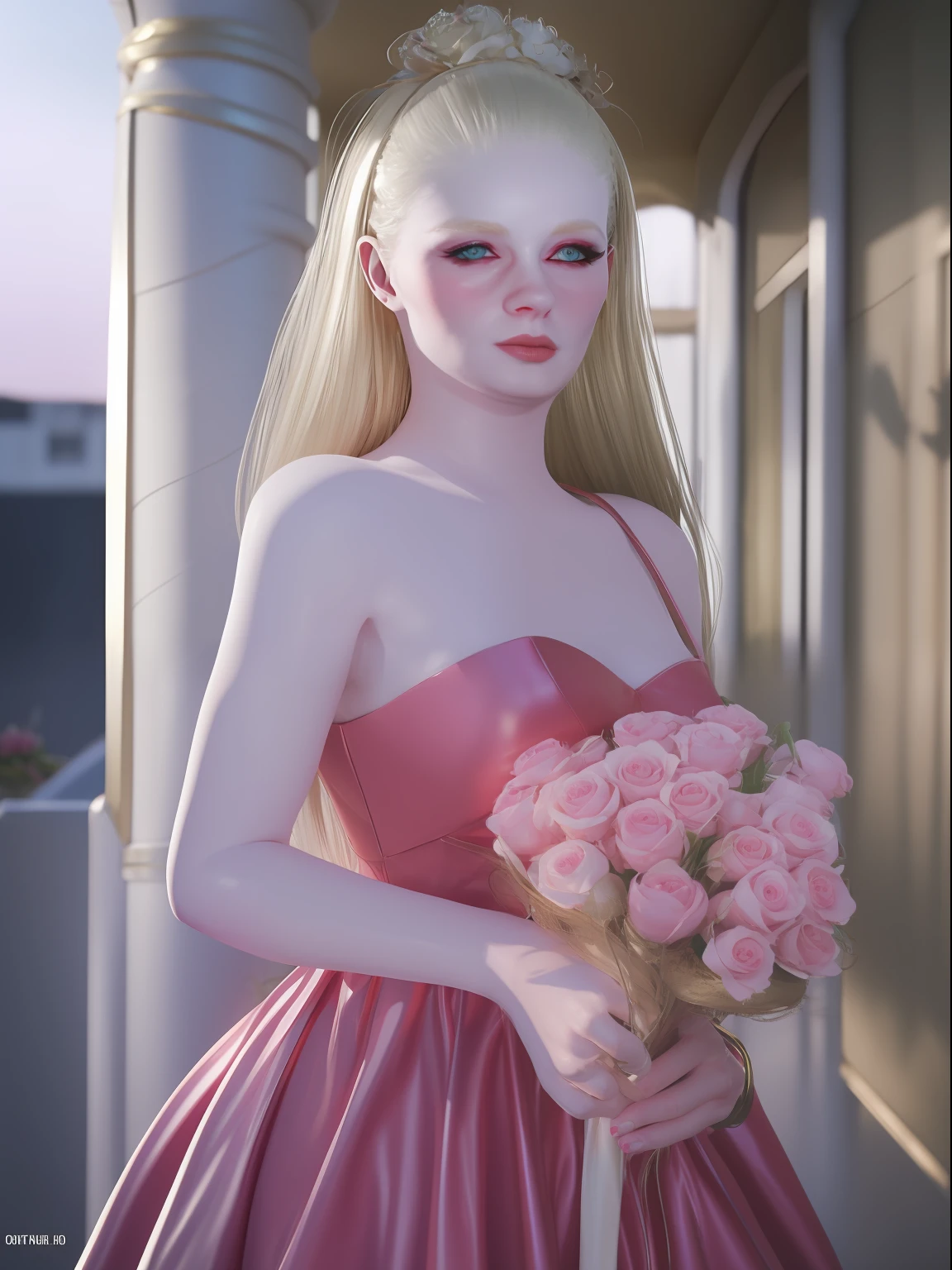 blonde pretty woman , 8k , realistic , pink dress , hold pink tulips bouquet , pink dress , beautiful pink dress , pink tulips