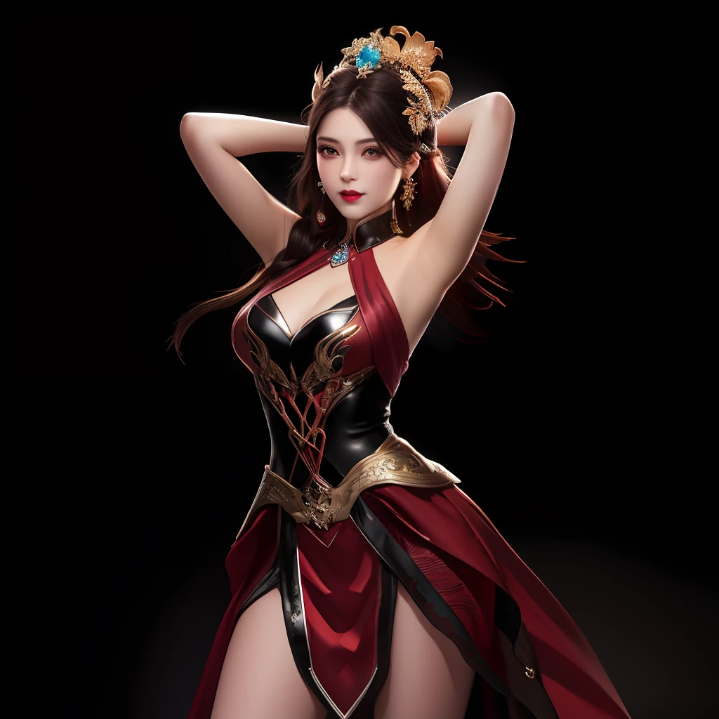 best quality, masterpiece, highres, 1girl, lingerie china armor, hair ornament, necklace, jewelry, Beautiful face, upon_body, tyndall effect, photorealistic, dark studio, rim lighting, two tone lighting, (high detailed skin:1.2), 8k uhd, dslr, soft lighting, high quality, volumetric lighting, candid, Photograph, high resolution, 4k, 8k, Bokeh, medium breasts, (light pink lips), 1 beautiful devil woman from hell, In the Dark: 1.6), surreal female portrait by David Hockney and Alphonse Mucha, fantasy art, korea doll, photorealism, dynamic lighting, artstation, poster, volumetric lighting, very detailed faces, 8k ultra, Awarded, in the dark, deep shadow, low key, cowboy lens, (Red phoenix dress: 1.4), long hair, black hair, bust, luxurious palace, Royal style, devil crown, red eyes make up very sharp and detailed, The most beautiful face, The breasts are very big and round and round, Super realistic, chinese women's clothing, polo neck sweater, Charming smile, The eyes are very well made up, guweiz, devil style, wearing black mesh socks, Ponytail with a bow tied at the back of the hair, Red black lips, Devil tattoo on shoulder, wearing a thin red and black robe, the landscape is overcast and thunderous, (Portrait), Close-up of the main character, (Background details 1.8),(white armpit, fresh and beautiful),(hands behind head),(full body), sexy