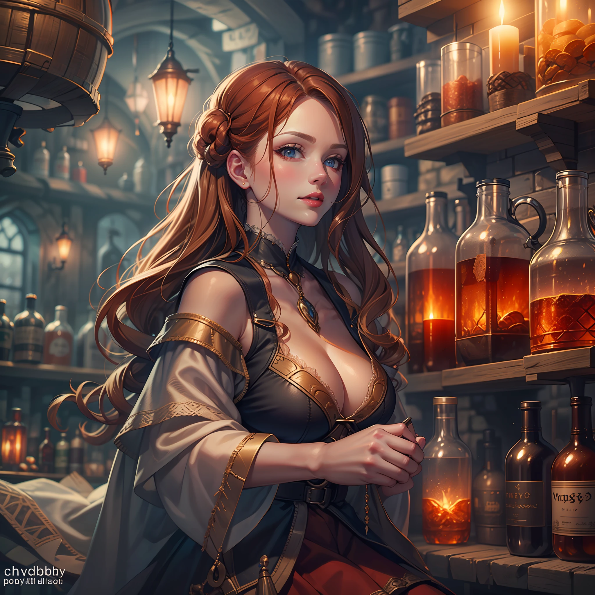 beautiful ginger women in detailed dress at cozy detailed potions shop, air above hair, IPA award wining, masterpiece