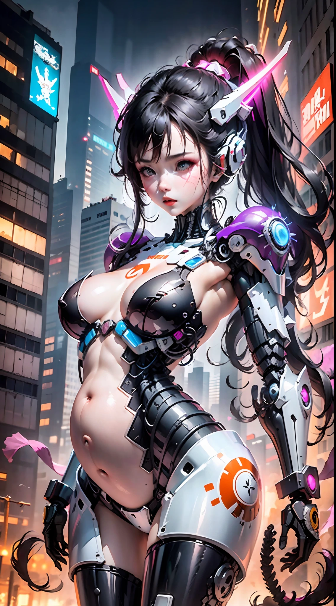 (Very detailed: 1.5) Futuristic mech girl on neon flashing sci-fi magazine cover, (Cyberpunk: 1.3) style, dressed in stylish combat suit with glowing accents, confidently posing as a giant robot in the background, (bold typography: 1.2), dynamic composition, bright colors, (Akira style: 1.1), (Hajime Sorayama inspiration: 1.2) pregnant, pregnant belly