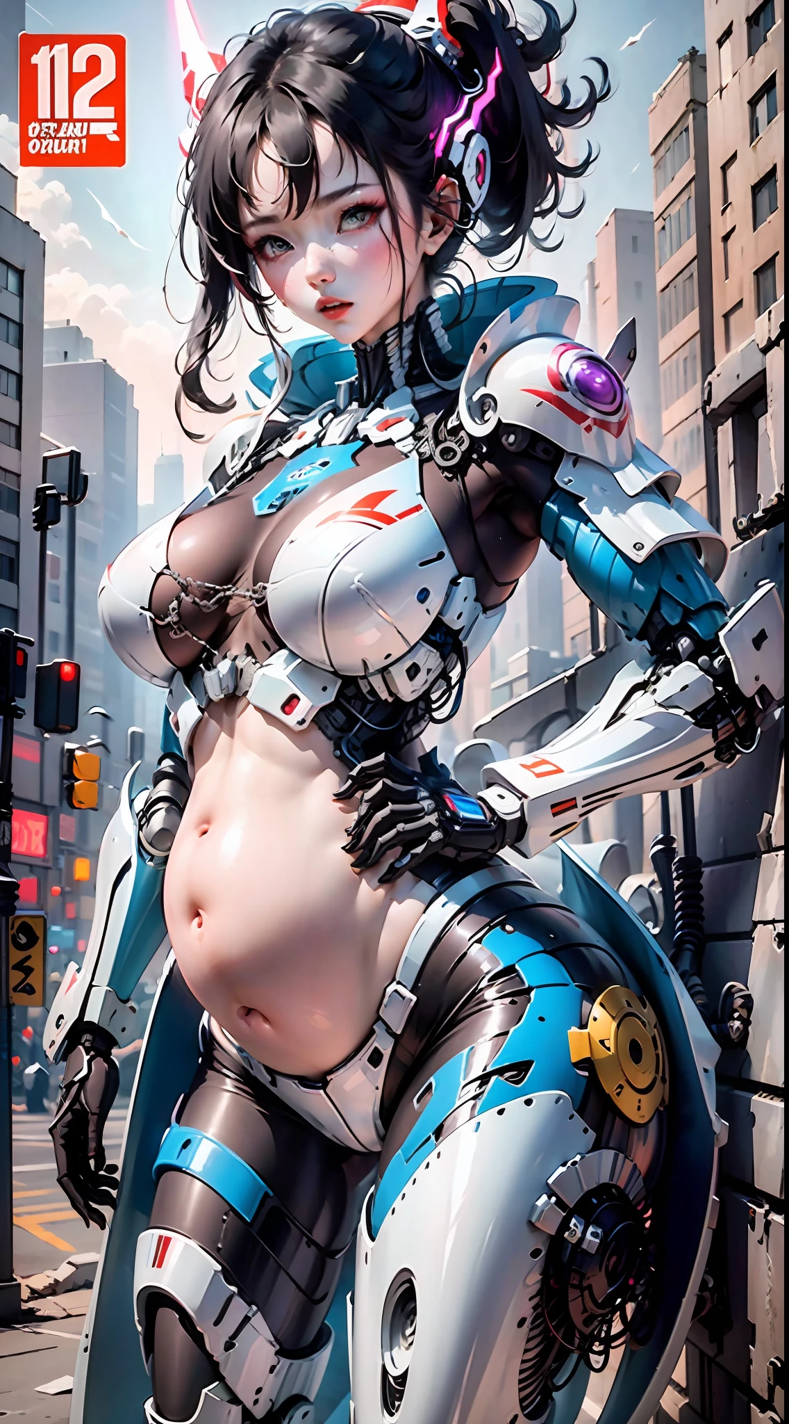 (Very detailed: 1.5) Futuristic mech girl on neon flashing sci-fi magazine cover, (Cyberpunk: 1.3) style, dressed in stylish combat suit with glowing accents, confidently posing as a giant robot in the background, (bold typography: 1.2), dynamic composition, bright colors, (Akira style: 1.1), (Hajime Sorayama inspiration: 1.2) pregnant, pregnant belly