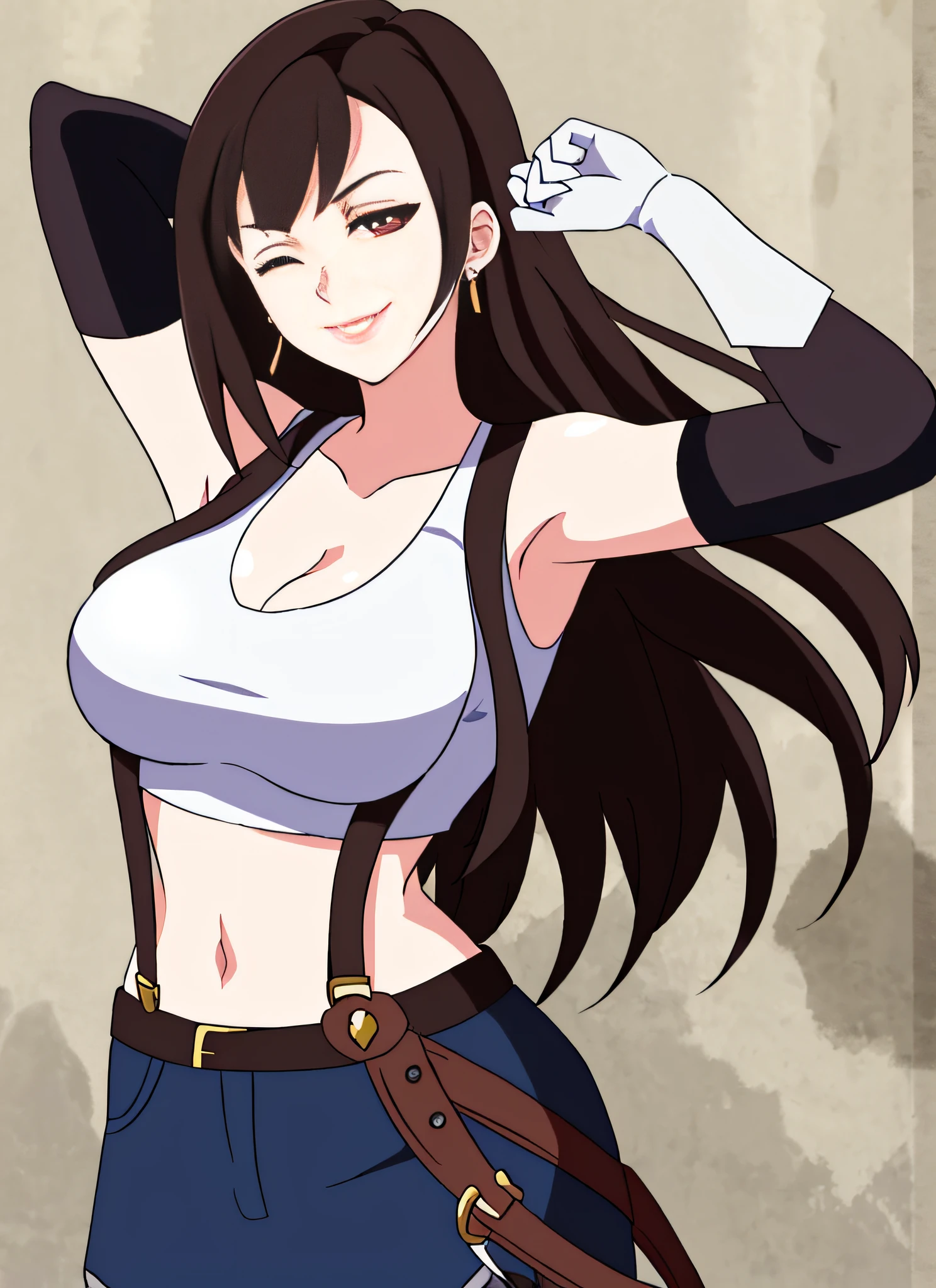 LWA tifa lockhart, 1girl, thick lips, arm up, armpits, artist name, belt, black hair, breasts, brown eyes, cleavage, closed mouth, collarbone, cowboy shot, crop top, earrings, elbow gloves, elbow pads, gloves, jewelry, large breasts, lips, long hair, low-tied long hair, midriff, navel, one eye closed, outdoors, skirt, smile, solo, stomach, suspenders, tank top, upper body, ((masterpiece))