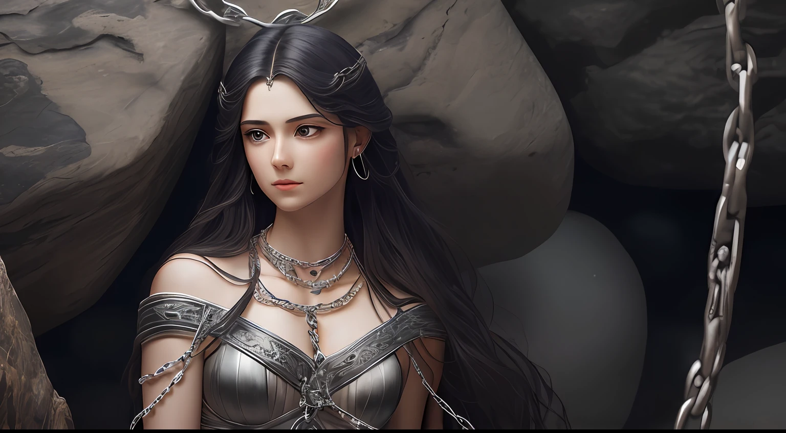 In ((Greek mythology)), Andromeda, a very detailed photograph, perfect face, very long black hair. It was ((chained to a rock with thick chains)), ((without clothes)), ((except some jewelry of great value)) 8K, 16:9 --auto