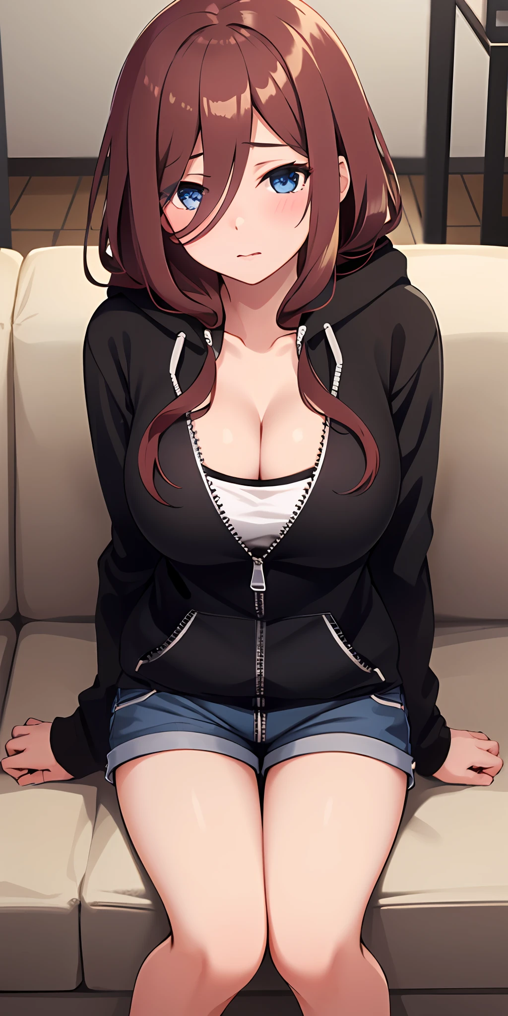 (Best quality:1.3), nakano miku, brown long hair, hair between eyes, large round breasts, unzipped hoodie, shorts, cleavage, sitting on couch, (pov)