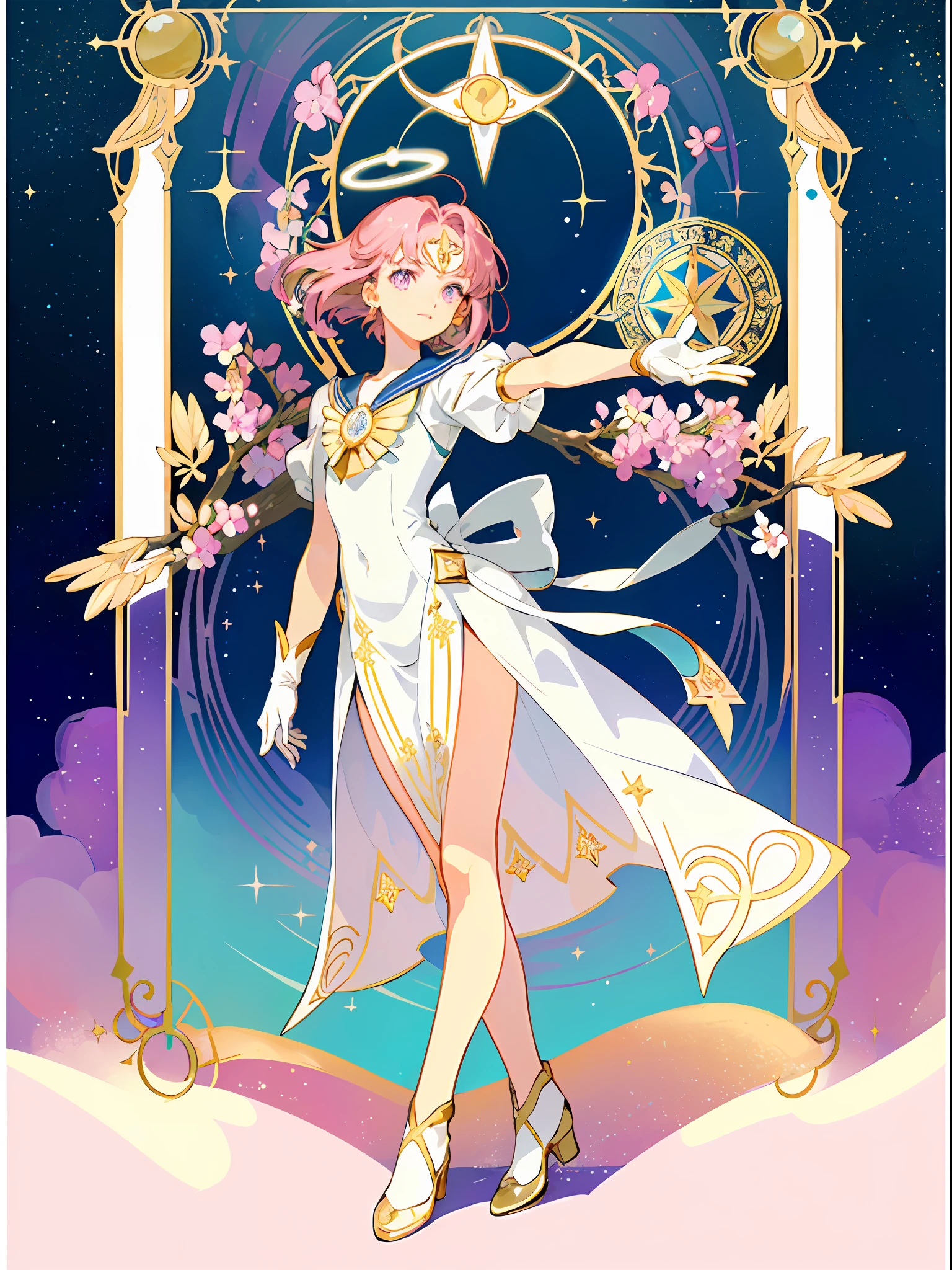 ((masterpiece,best quality)),(1girl, solo:1.4),beautiful detailed eyes, vivid, cinematic light, full_body, pink_flowers, (tarot_card), intricate, detailed background, looking_at_viewer, sailor moon, Cardcaptor sakura, hands reaching out, (flat chest), (walking), casual pose, posing, (white_gloves), (pink_eyes), white feathers, sparkles, glitter, celestial, outerspace, by alphonse mucha, (gold frame), halo, (tarot border)