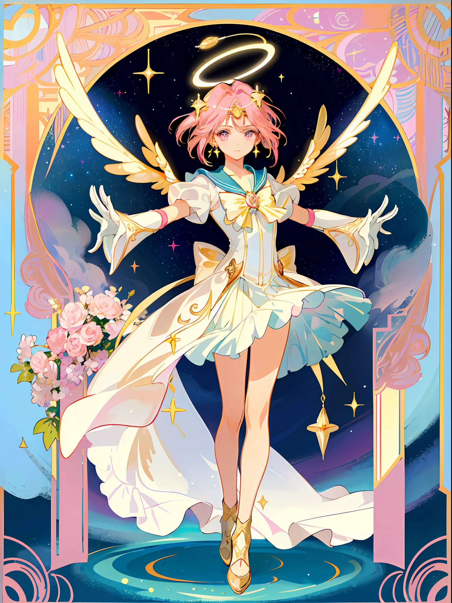 ((masterpiece,best quality)),(1girl, solo:1.4),beautiful detailed eyes, vivid, cinematic light, full_body, pink_flowers, (tarot_card), intricate, detailed background, looking_at_viewer, sailor moon, Cardcaptor sakura, hands reaching out, (flat chest), (walking), casual pose, posing, (white_gloves), (pink_eyes), white feathers, sparkles, glitter, celestial, outerspace, by alphonse mucha, (gold frame), halo, (tarot border)