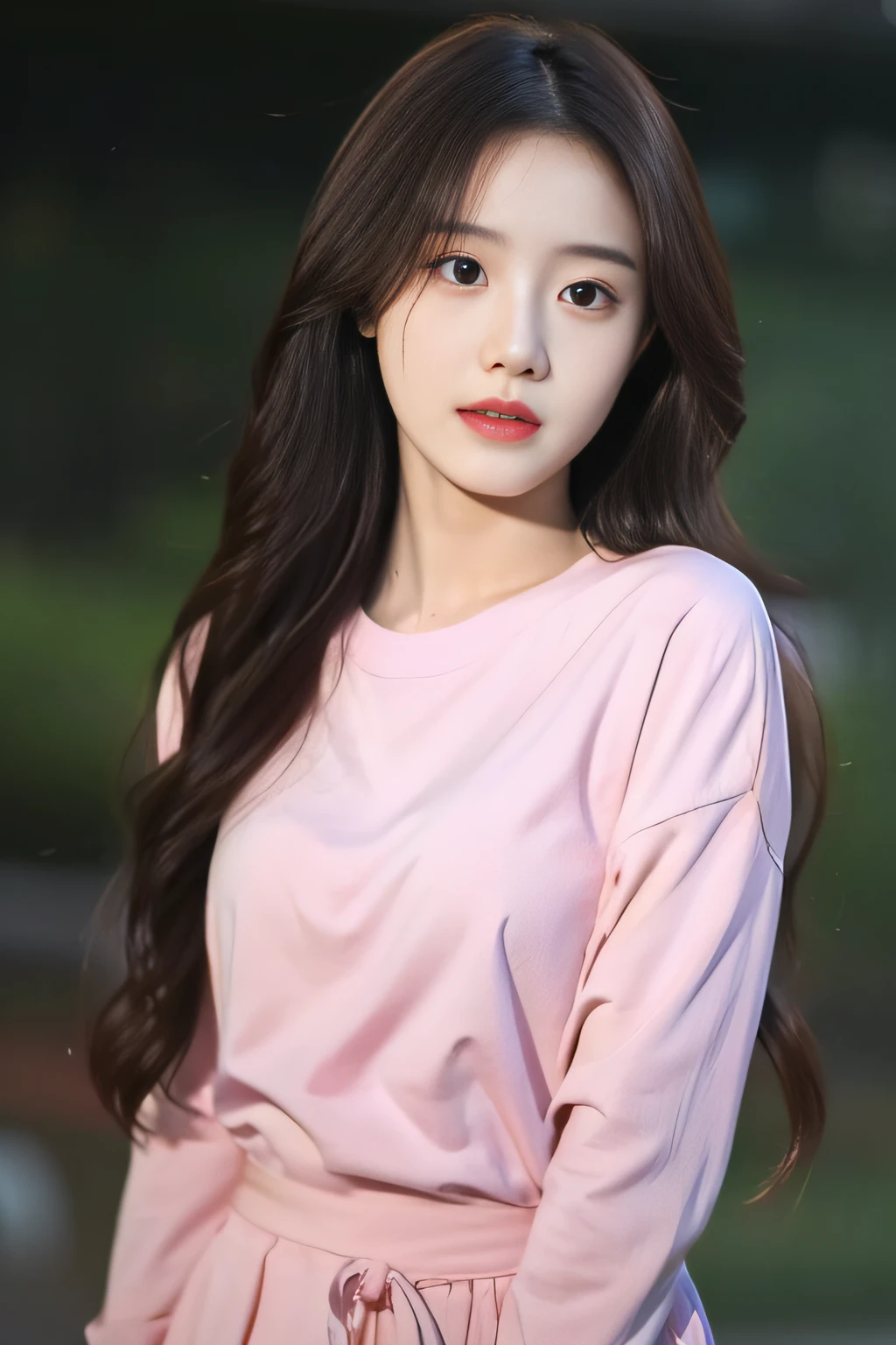 "Best quality, masterpiece, super high resolution, original photo, beautiful beauty, deep shadows, dark theme, realistic: 1.4, a girl with long hair, pink shirt, small face, perfect waist-hip ratio faces the camera.