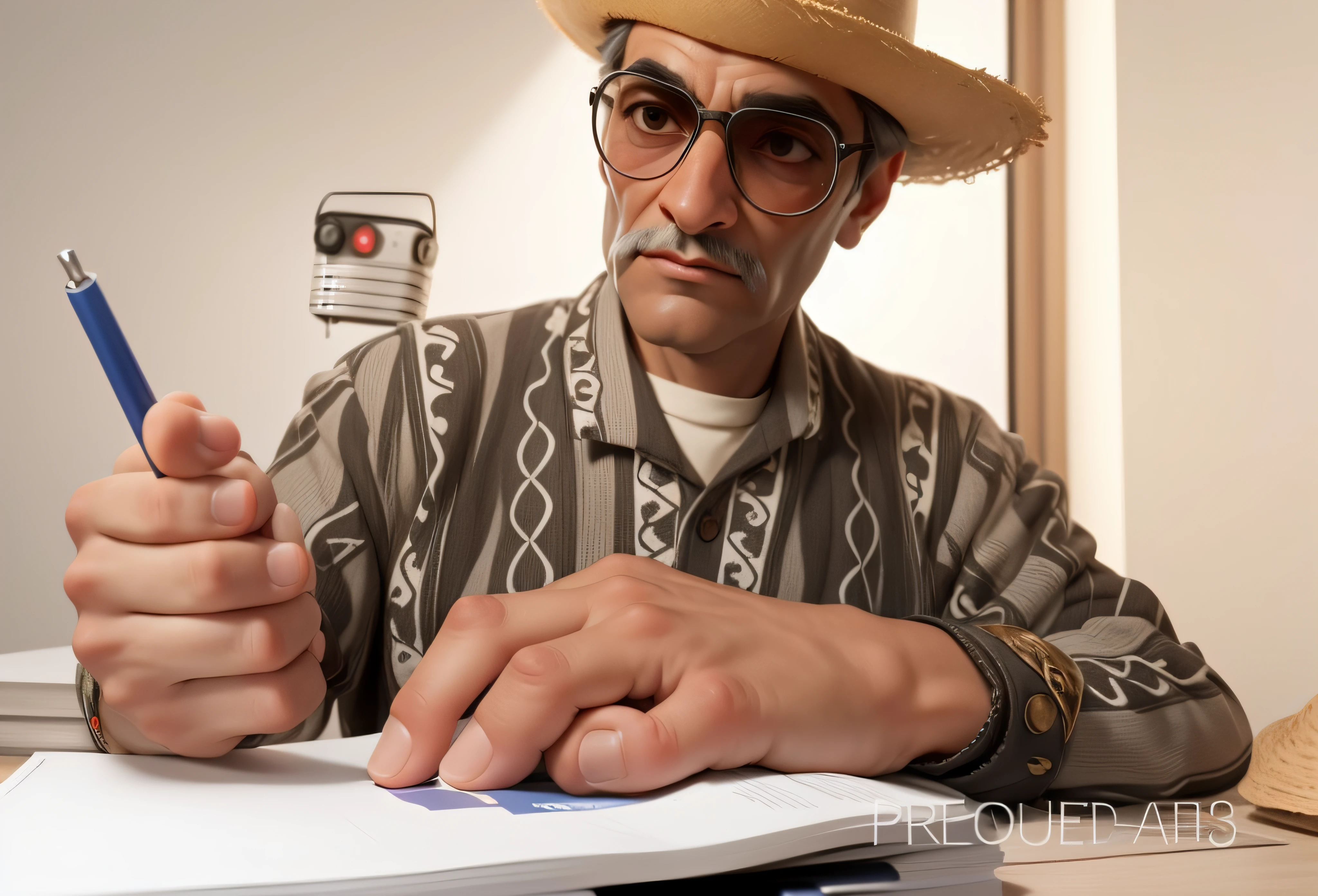 Lord of approximately 65 years gray hair, dark brunette,((Dark skin)), straw hat on head, sunglasses, masterpiece, best quality, 3d rending work, 3DMM style, close-up, portrait, 3D, realistic, upper body, radio studio background, looking away, light brown eyes,white beard, fleshy lips, striped shirt green colors, white. ((all-white background)).