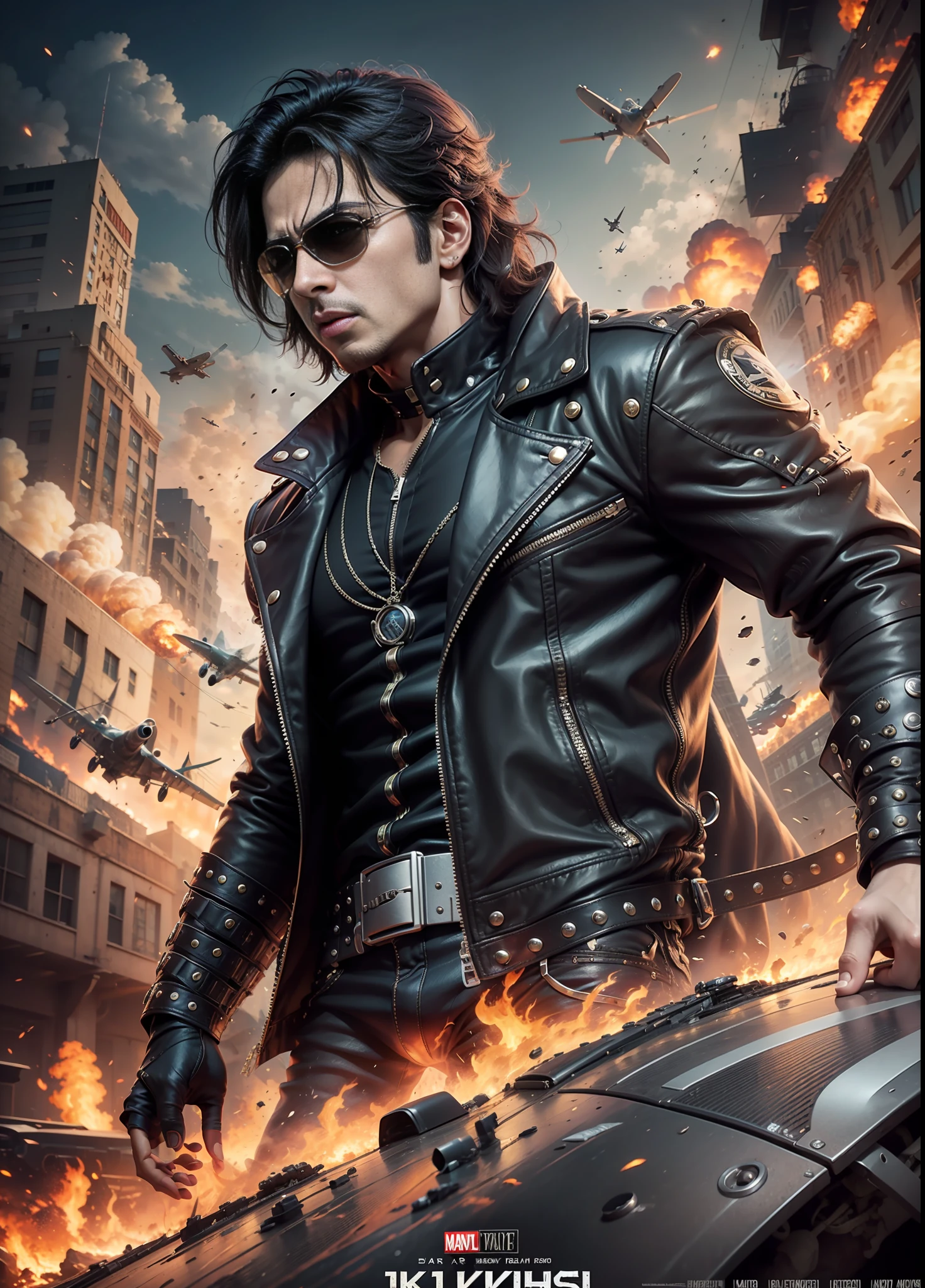 Movie poster krrish, sunglasses, rivets, explosions, guns, cars, planes, one person, full body.