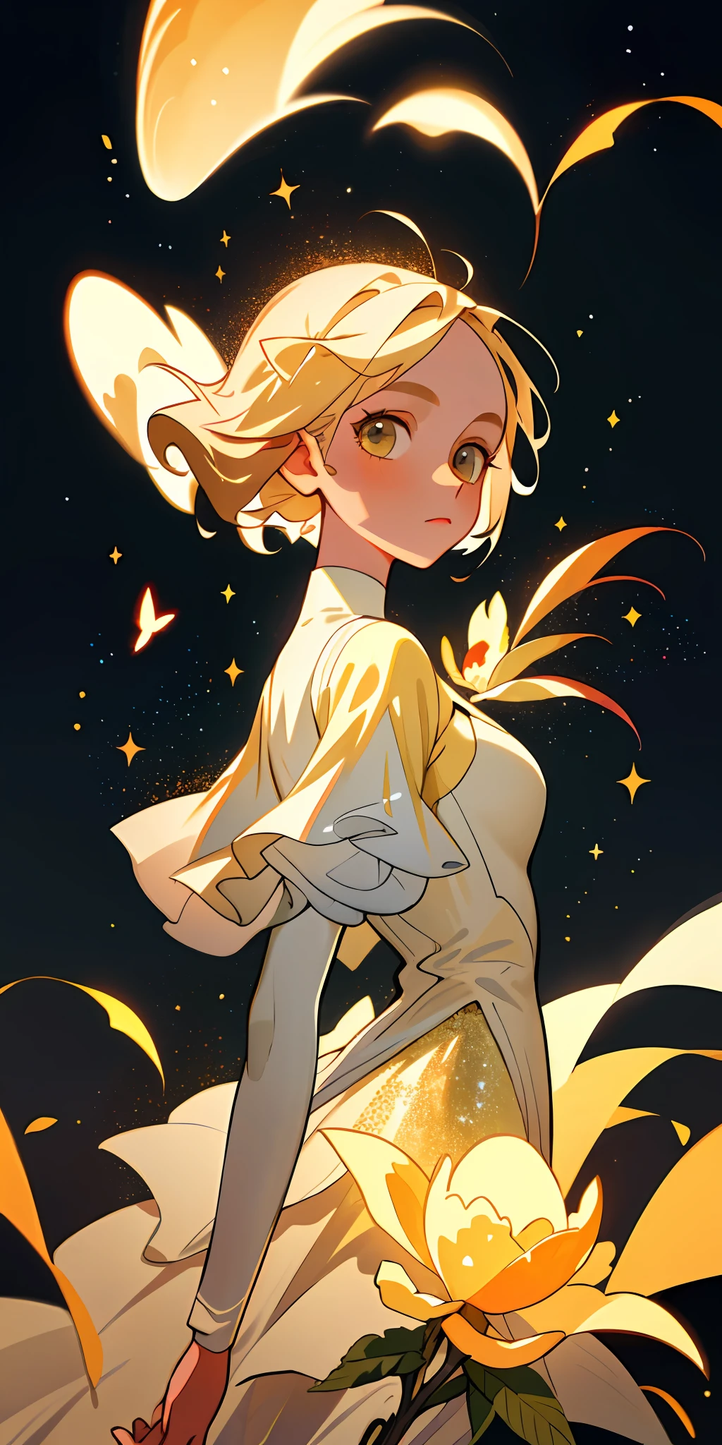 (best quality, masterpiece), 1girl, white costume, galaxy, glitter, dress, particle, wind, flower, upper body, dark simple background, looking at viewer, blonde,