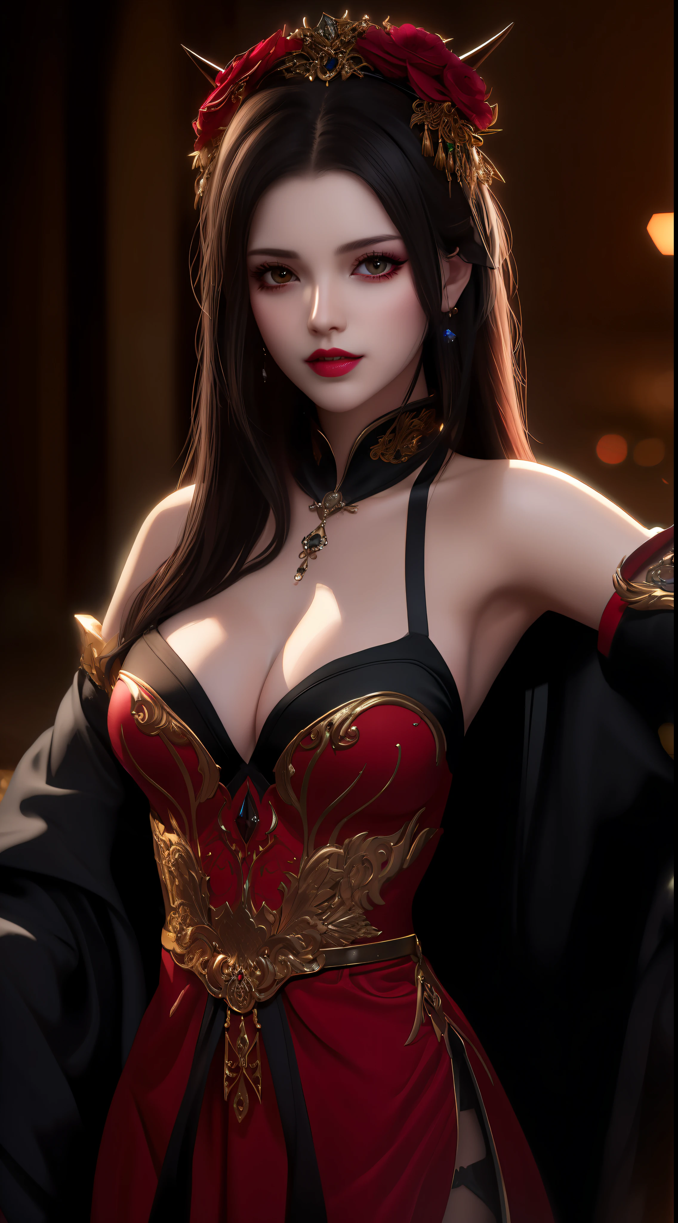 best quality, masterpiece, highres, 1girl, lingerie china armor, hair ornament, necklace, jewelry, Beautiful face, upon_body, tyndall effect, photorealistic, dark studio, rim lighting, two tone lighting, (high detailed skin:1.2), 8k uhd, dslr, soft lighting, high quality, volumetric lighting, candid, Photograph, high resolution, 4k, 8k, Bokeh, medium breasts, (light pink lips), 1 beautiful devil woman from hell, In the Dark: 1.6), surreal female portrait by David Hockney and Alphonse Mucha, fantasy art, korea doll, photorealism, dynamic lighting, artstation, poster, volumetric lighting, very detailed faces, 8k ultra, Awarded, in the dark, deep shadow, low key, cowboy lens, (Red phoenix dress: 1.4), long hair, black hair, bust, luxurious palace, Royal style, devil crown, red eyes make up very sharp and detailed, The most beautiful face, The breasts are very big and round and round, Super realistic, chinese women's clothing, polo neck sweater, Charming smile, The eyes are very well made up, guweiz, devil style, wearing black mesh socks, Ponytail with a bow tied at the back of the hair, Red black lips, Devil tattoo on shoulder, wearing a thin red and black robe, the landscape is overcast and thunderous, (Portrait), Close-up of the main character, (Background details 1.8),(white armpit, fresh and beautiful), (full body)