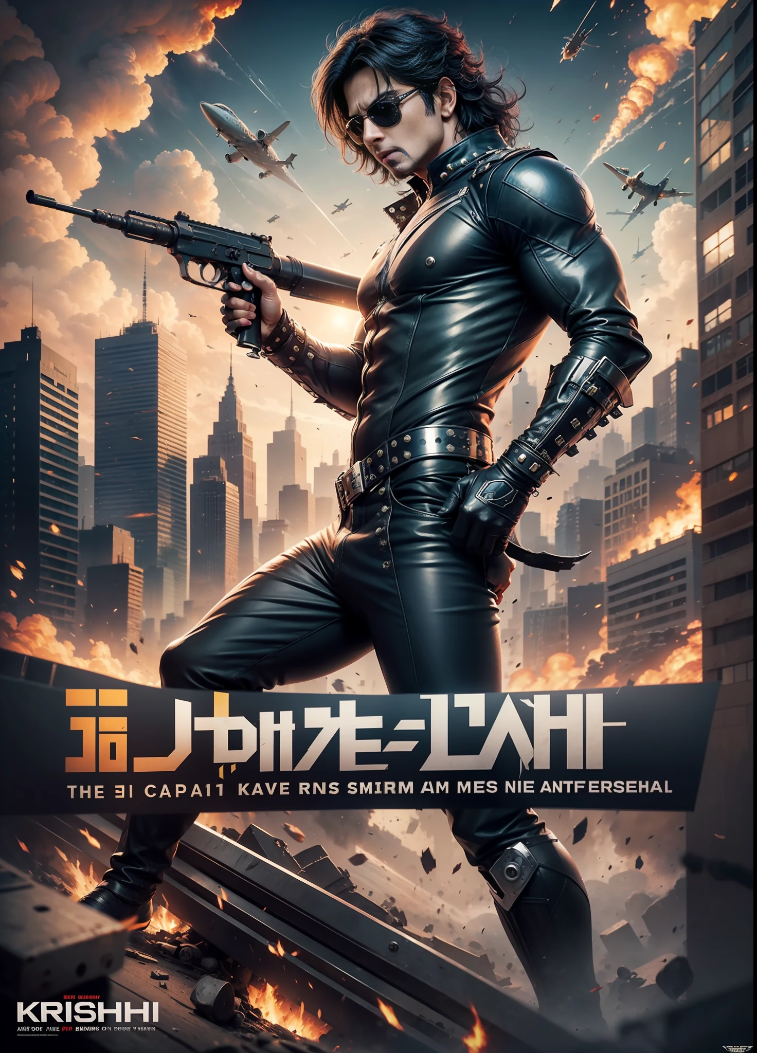 Movie poster krrish, sunglasses, rivets, explosions, guns, cars, planes, one person, full body.