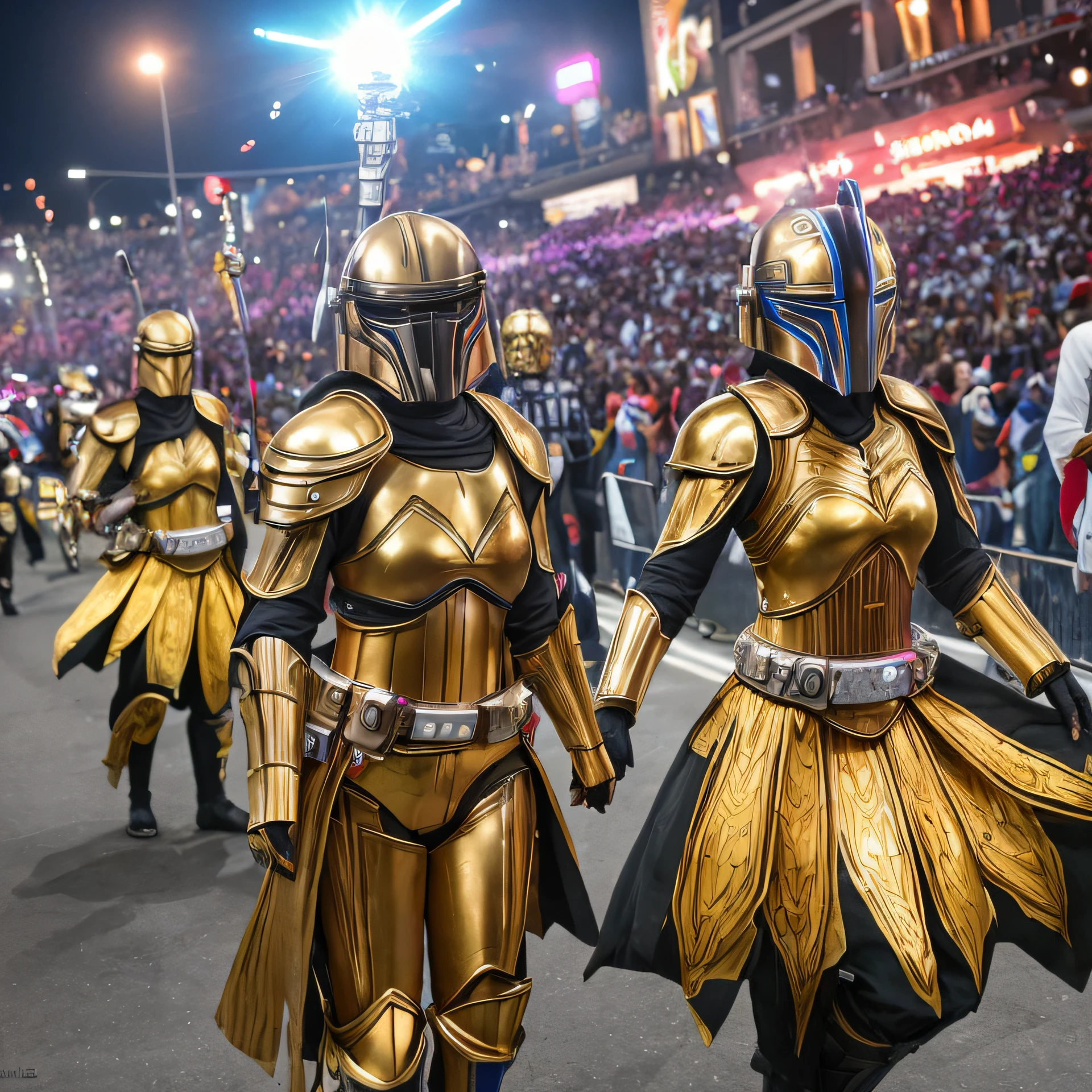 In Rio de Janeiro's carnival parade, we can imagine a group of Mandalorians participating with a Star Wars-inspired themed wing. Dressed in their signature armor, they add a touch of sci-fi and fantasy to the show. The Mandalorians dance and interact with the audience, demonstrating all their skill and dexterity while moving to the rhythm of the samba schools. The armor glows under the spotlight, reflecting the vibrant lights of the sambódromo. Its exotic and mysterious presence certainly stands out among the other costumes of the Rio carnival, leaving a lasting impression on the spectators. --auto