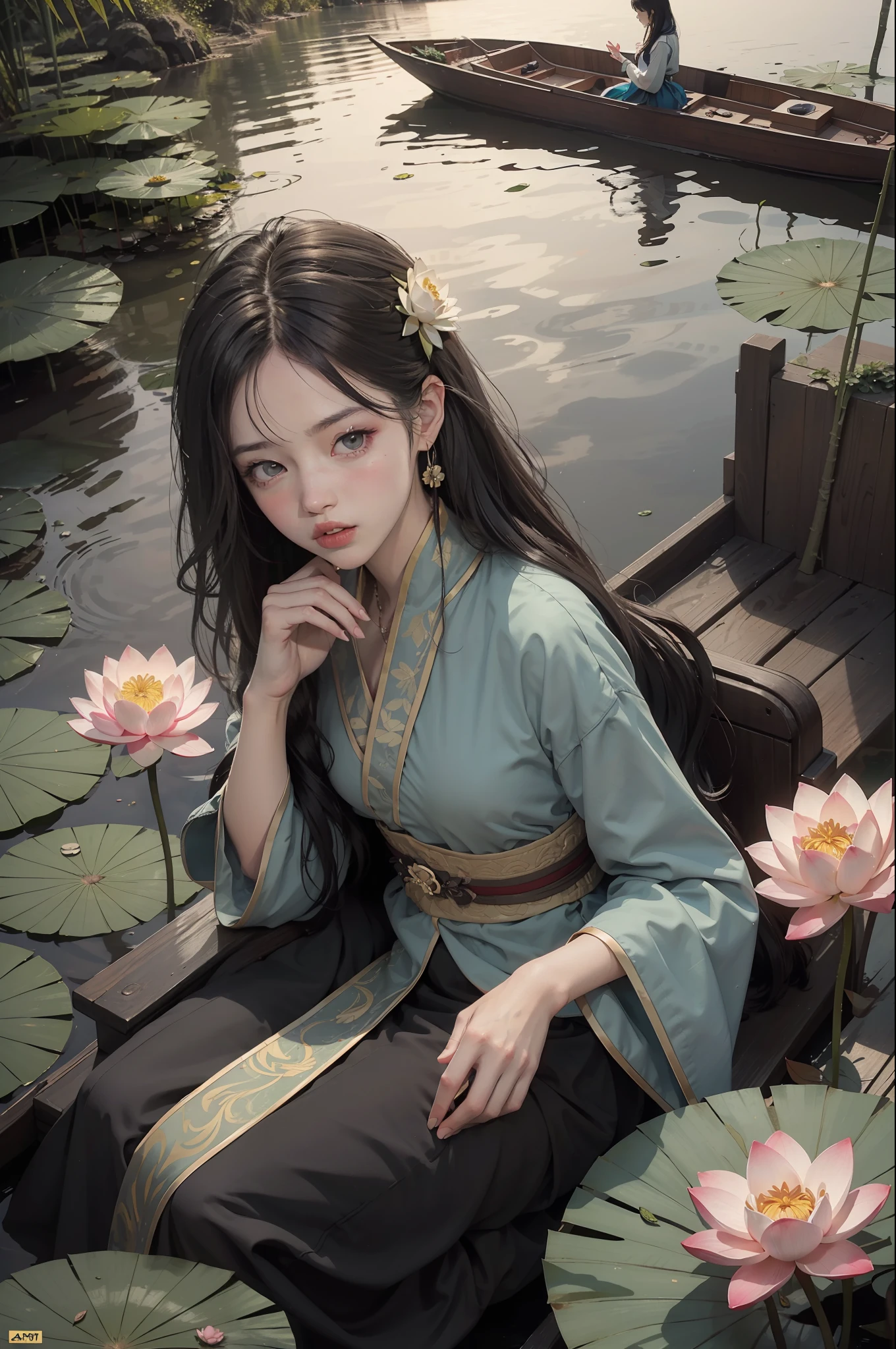 Unity 8k wallpaper, super detailed, aesthetics, masterpiece, best quality, realistic and masterpiece, best quality, official art, 8k wallpaper, very detailed, illustration, dark tones, night, lots of falling flowers, withered lotus lotus leaves, lotus flowers, small moon, small loft, (1 girl, unfolded hanfu long dress, sitting on a boat, drunken expression, black hair, long hair, fine eyes), BREAK, (background: the river is full of lotus leaves, A lot of lotus leaves: 1.3, a lot of withered lotuses: 1.3, clouds in the black sky), a lot of lotus leaves, a lot of lotus flowers, withered lotus flowers