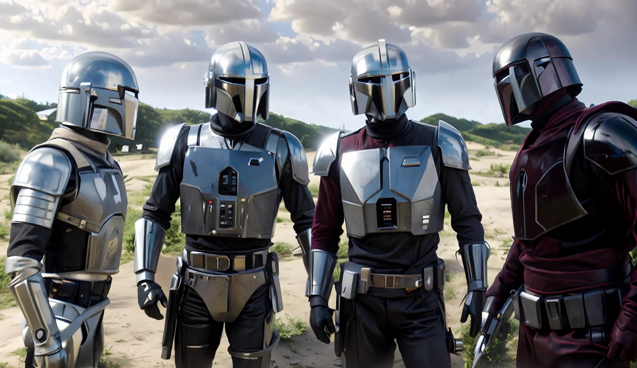 Three men in Ultron costumes are in a desert area, from The Mandalorian , Mandalorian Armor, The Mandalorian , BLACK IRON MAN, Still from The ULTRON In Show, Movie Still by Boba Fett, The Mandalorian, Mandalorian, Mandalorian Iron Man, Ultron , Boba Fett, Arcane Wizard x Boba Fett