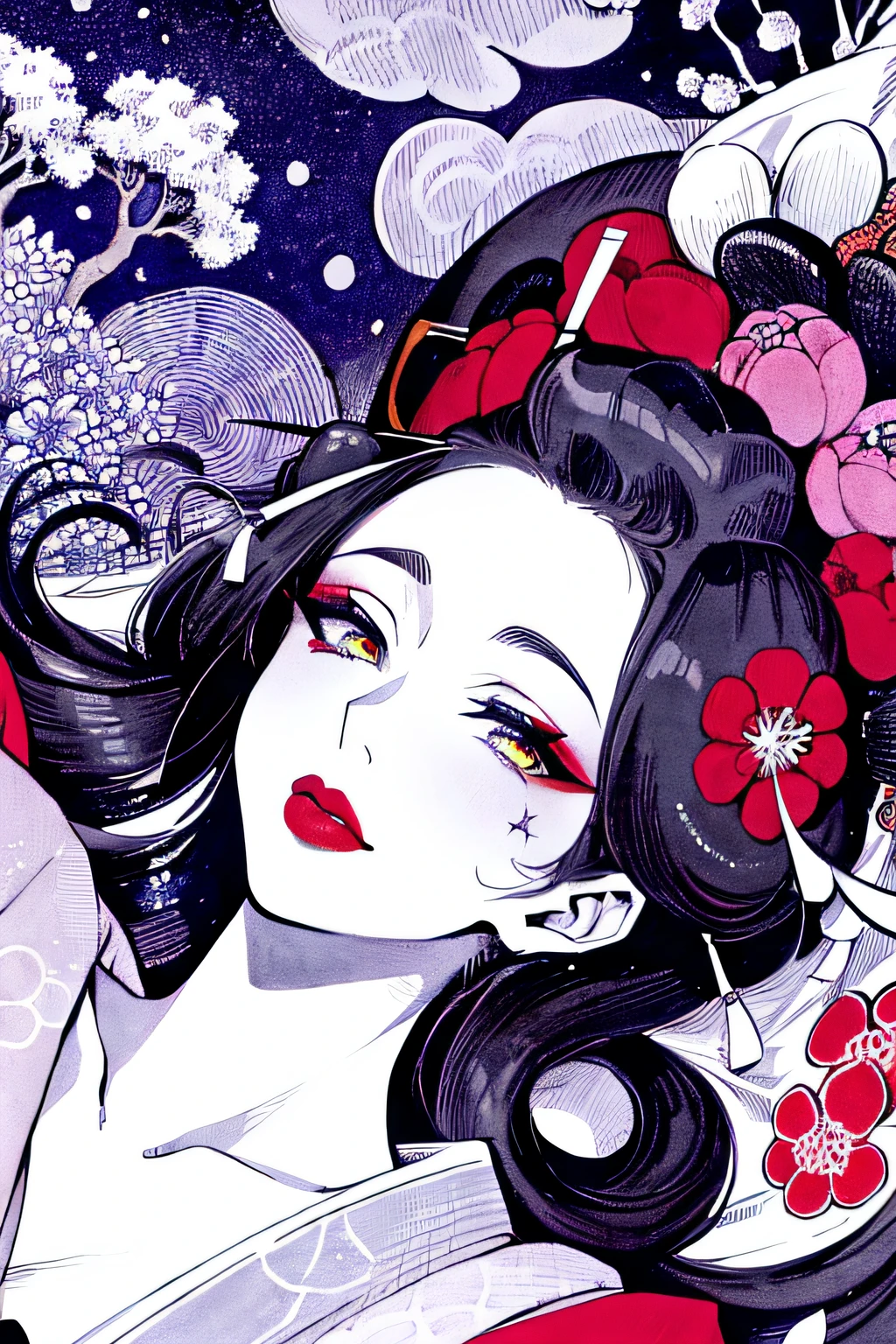 (Masterpiece, Best Quality:1.3), (thick lineart), (faux traditional media), highres, official art, best illustration, (8k resolution), oiran, 1girl, mature female, solo, japanese clothes, from above, breasts, obi, stylish, intricate, fantastic, fairytale, fantasy art, (detailed face),  lying on a bed of flowers, on back, (lovely eyes, looking at viewer, lipstick), very long hair, voluminous, low ponytail, depth of field, silhouette, perfect, makeup, lovely, (details:1.2), camellia, various colors, vivid, colorful, shiny, sky, stars, lumen global illumination, (background in the style of Hokusai Katsushika:1.3), water, ripples