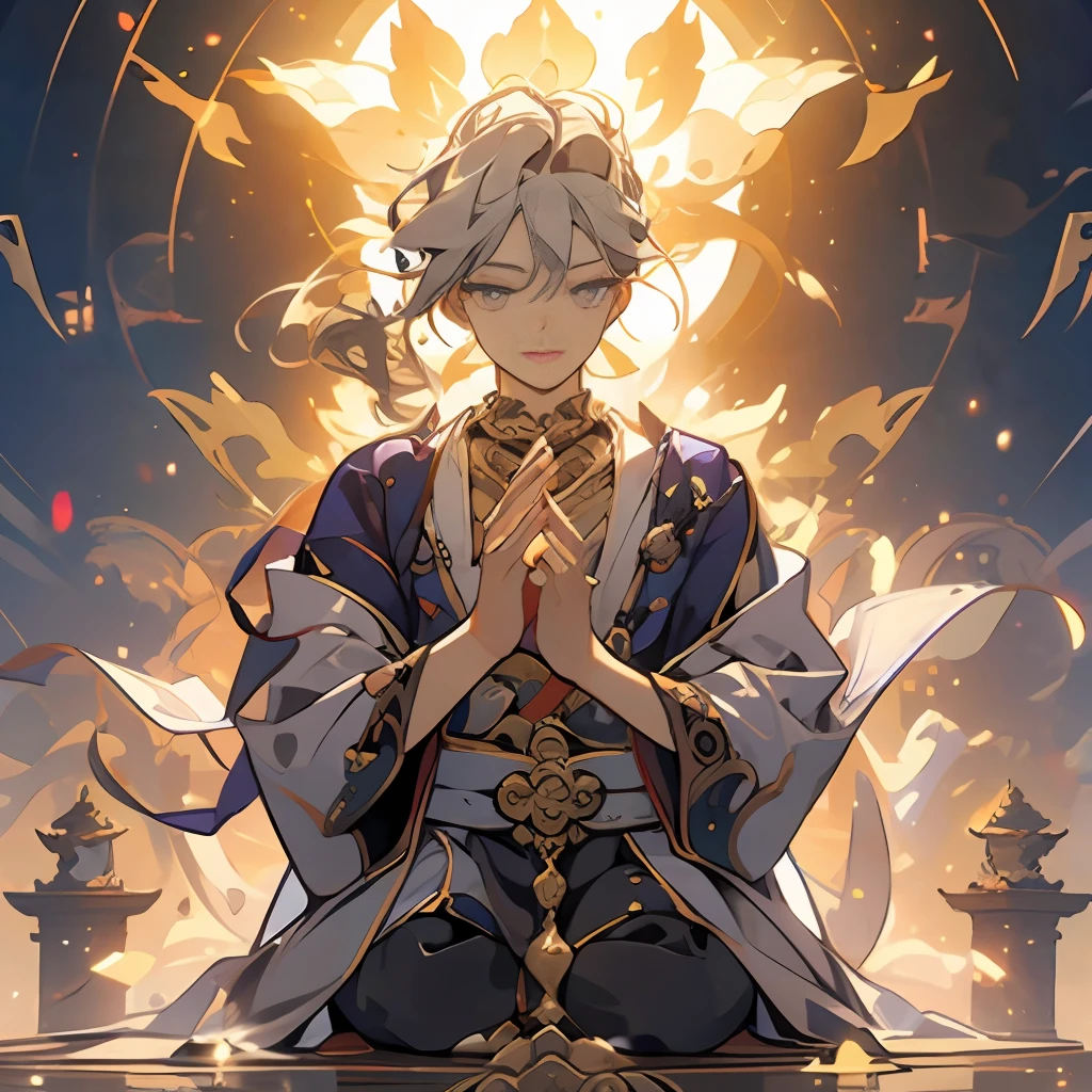 A Tantangong Buddha, Splendid robe, guilty expression, Eyes compassionate and bright, hands folded, lotus seat, statue, light shrouded in light, wisdom, compassion light, (solo 1.6) solo (1.6), solo, high detail, high quality, masterpiece best quality, full HD,