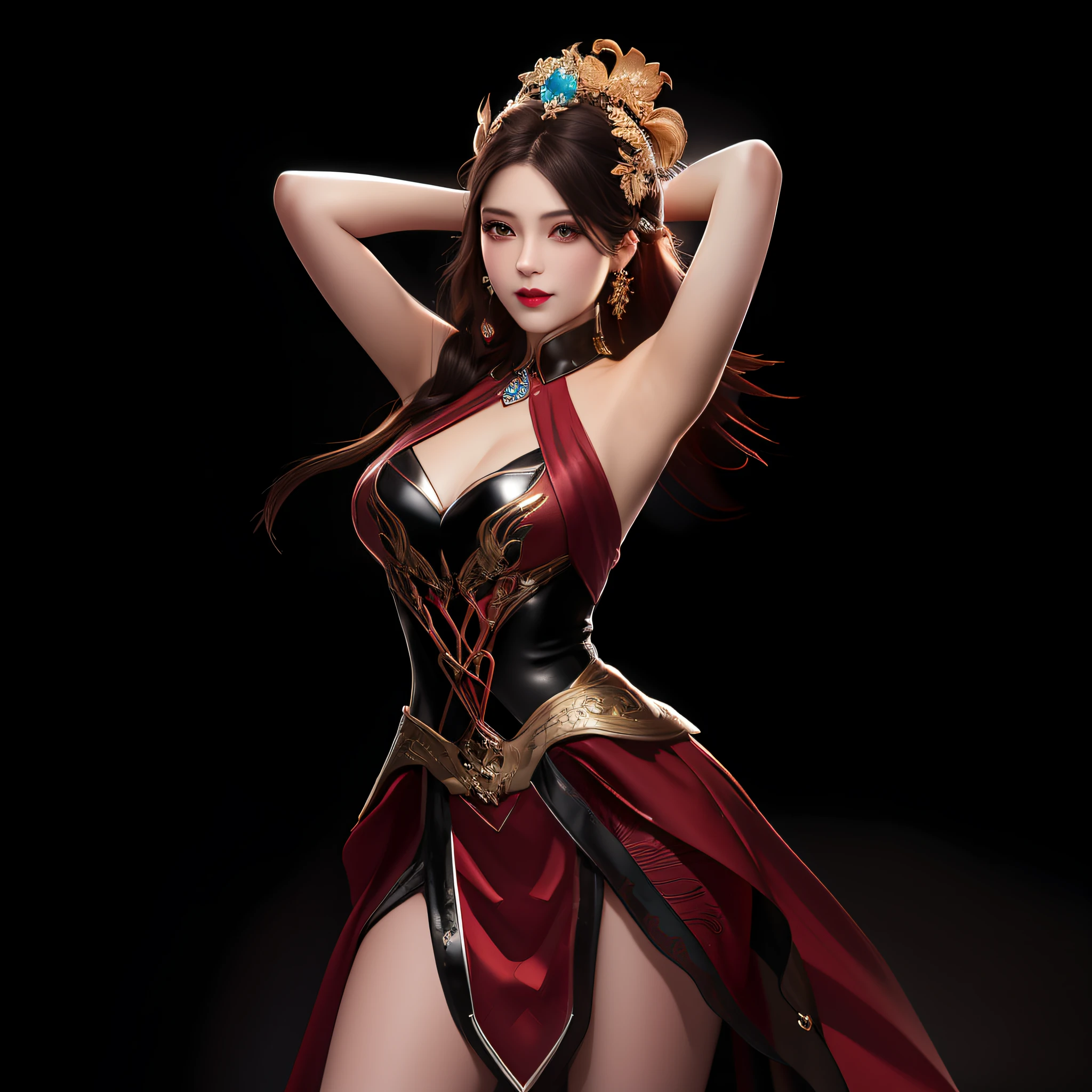 best quality, masterpiece, highres, 1girl, lingerie china armor, hair ornament, necklace, jewelry, Beautiful face, upon_body, tyndall effect, photorealistic, dark studio, rim lighting, two tone lighting, (high detailed skin:1.2), 8k uhd, dslr, soft lighting, high quality, volumetric lighting, candid, Photograph, high resolution, 4k, 8k, Bokeh, medium breasts, (light pink lips), 1 beautiful devil woman from hell, In the Dark: 1.6), surreal female portrait by David Hockney and Alphonse Mucha, fantasy art, korea doll, photorealism, dynamic lighting, artstation, poster, volumetric lighting, very detailed faces, 8k ultra, Awarded, in the dark, deep shadow, low key, cowboy lens, (Red phoenix dress: 1.4), long hair, black hair, bust, luxurious palace, Royal style, devil crown, red eyes make up very sharp and detailed, The most beautiful face, The breasts are very big and round and round, Super realistic, chinese women's clothing, polo neck sweater, Charming smile, The eyes are very well made up, guweiz, devil style, wearing black mesh socks, Ponytail with a bow tied at the back of the hair, Red black lips, Devil tattoo on shoulder, wearing a thin red and black robe, the landscape is overcast and thunderous, (Portrait), Close-up of the main character, (Background details 1.8),(white armpit, fresh and beautiful),(hands behind head),(full body), sexy