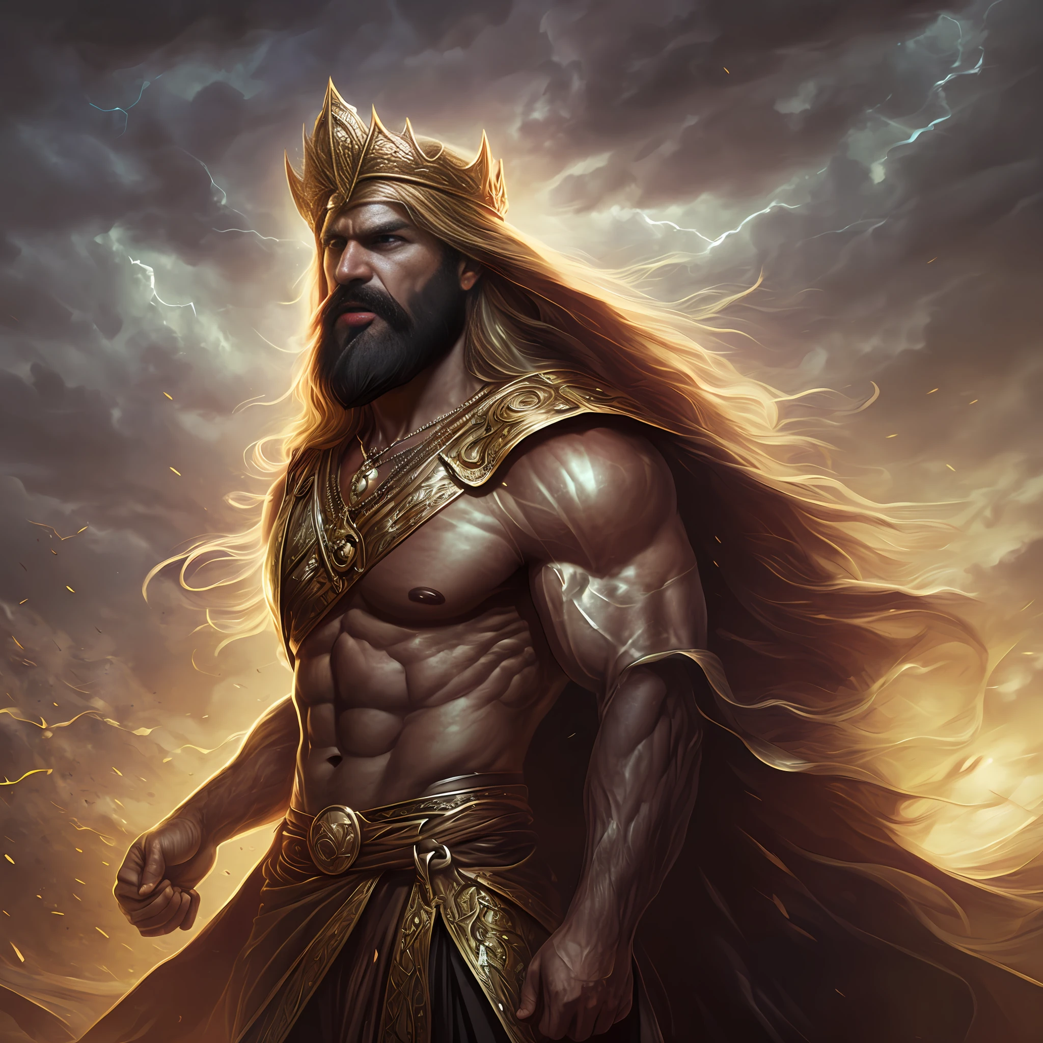 A man like Persian king Darius the Great, long black beard like Achaemenid Persian soldiers, very muscular body, long black hair, two big black wings, iron scepter in hand, angry and angry, like God, like Persian king Darius, his face like super villain , the weather is stormy and rainy, he looks at the sky, high qualityoTry photo of the most beautiful artwork in the world featuring a soft and lustrous male hero, ((epic heroic fantasy, muscular men, stout, wounded hero, angry look with long hair and long beard and fierce appearance in a dynamic posture, fantastic location, majestic cluttered environment)), full body 8k unit rendering, action photo, skin pores, Very dark lighting, heavy shadows, detailed and detailed face, (vibrant, realistic photo, realistic, dramatic, dark, sharp focus, 8K), (weather-damaged old and worn leather clothing: 1.4), (intricate: 1.4), decadent, (highly detailed: 1.4), digital painting, octane rendering, artstation, concept art, smooth, sharp focus, illustration, art by Artgerm, (Loish: 0.23), Wlop Ilya Kuvshinov, and Greg Rutkowski and Alphonse Mucha Gracias, (global lighting, studio light, volumetric light), heavy rain, floating particles --auto