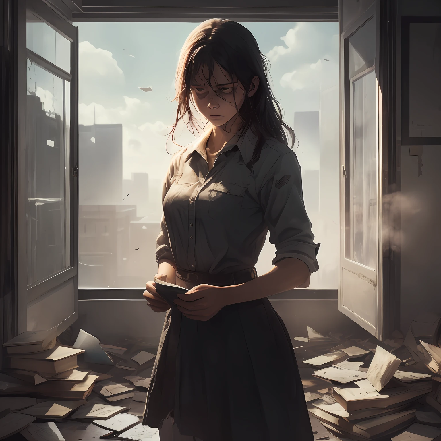 Cover Description:
The cover is based on black and white, presenting a cold and oppressive atmosphere. In the background is an old room with torn plastic sheeting on the balcony blown by the wind, and the floor littered with shards of liquid foundation and shredded tool books. In the center of the room, a lonely teenage girl is locked up on the balcony, her face covered with liquid foundation mixed with dust, covering the  prints left after she was hit. Her eyes were helpless and desperate, and tears had blurred her vision.

The entire cover gives a sense of depression and sadness, while showing the protagonist's helpless and abusive situation. Such a cover will draw the reader's attention and make them curious about what happens to the protagonist in the novel, while also expressing the theme and mood of the novel. Please note that when designing a cover, you need to respect sensitive topics and appropriate content expression. --auto