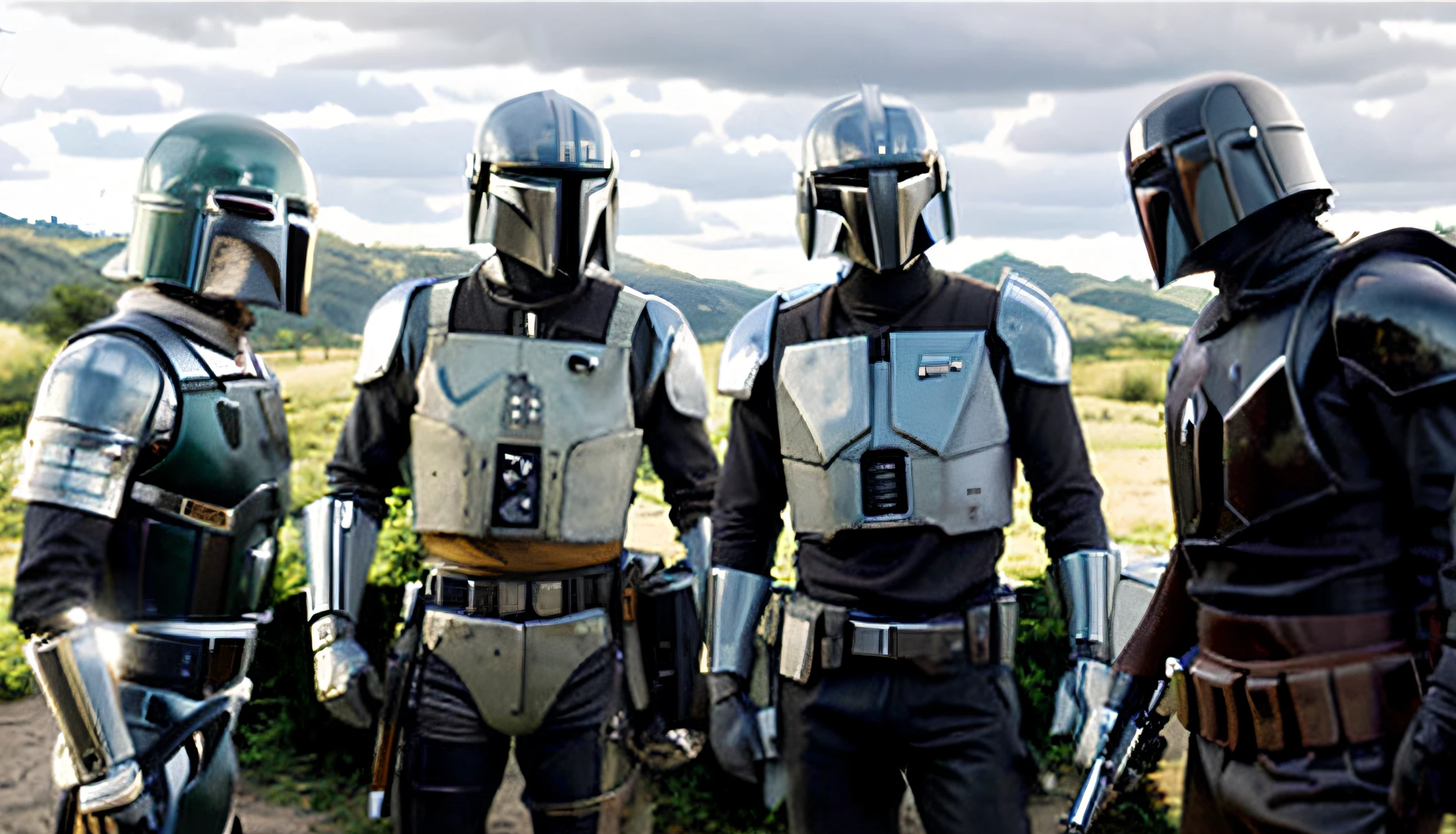 Three men in Star Wars costumes and iron men are in a desert area, from The Mandalorian (2019), Mandalorian Armor, The Mandalorian in GTA V, Still from The Mandalorian Show, Still Boba Fett Movie, The Mandalorian, Mandalorian, Mandalorian Iron Man, Ultron, Boba Fett, Arcane Wizard x Boba Fett