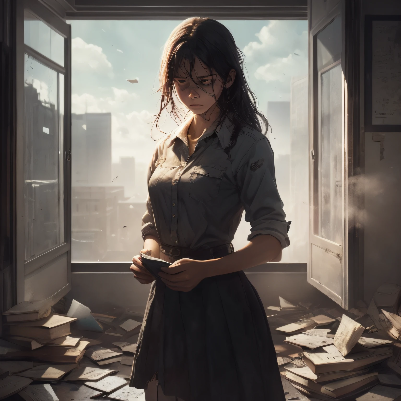 Cover Description:
The cover is based on black and white, presenting a cold and oppressive atmosphere. In the background is an old room with torn plastic sheeting on the balcony blown by the wind, and the floor littered with shards of liquid foundation and shredded tool books. In the center of the room, a lonely teenage girl is locked up on the balcony, her face covered with liquid foundation mixed with dust, covering the slap prints left after she was hit. Her eyes were helpless and desperate, and tears had blurred her vision.
The entire cover gives a sense of depression and sadness, while showing the protagonist's helpless and abusive situation. Such a cover will draw the reader's attention and make them curious about what happens to the protagonist in the novel, while also expressing the theme and mood of the novel. Please note that when designing a cover, you need to respect sensitive topics and appropriate content expression. --auto