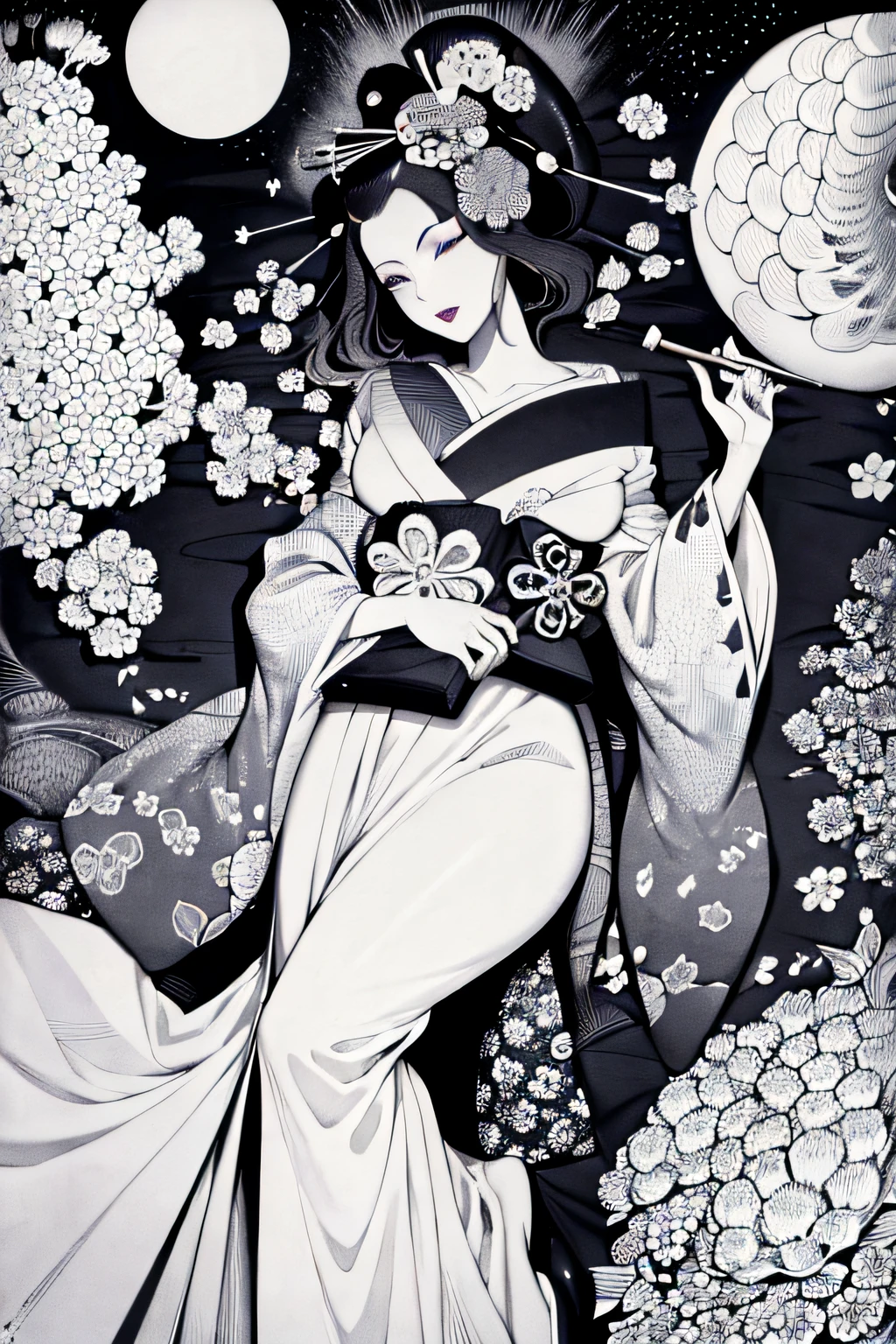 (Masterpiece, Best Quality:1.3), (thick lineart), (faux traditional media), highres, official art, best illustration, (8k resolution), oiran, 1girl, mature female, solo, japanese clothes, from above, breasts, obi, stylish, intricate, fantastic, fairytale, fantasy art, (detailed face), lying on a bed of flowers, on back, (lovely eyes, looking at viewer, lipstick), very long hair, voluminous, low ponytail, depth of field, silhouette, perfect, makeup, lovely, (details:1.2), camellia, various colors, vivid, colorful, shiny, sky, stars, lumen global illumination, (background in the style of Hokusai Katsushika:1.3), water, ripples