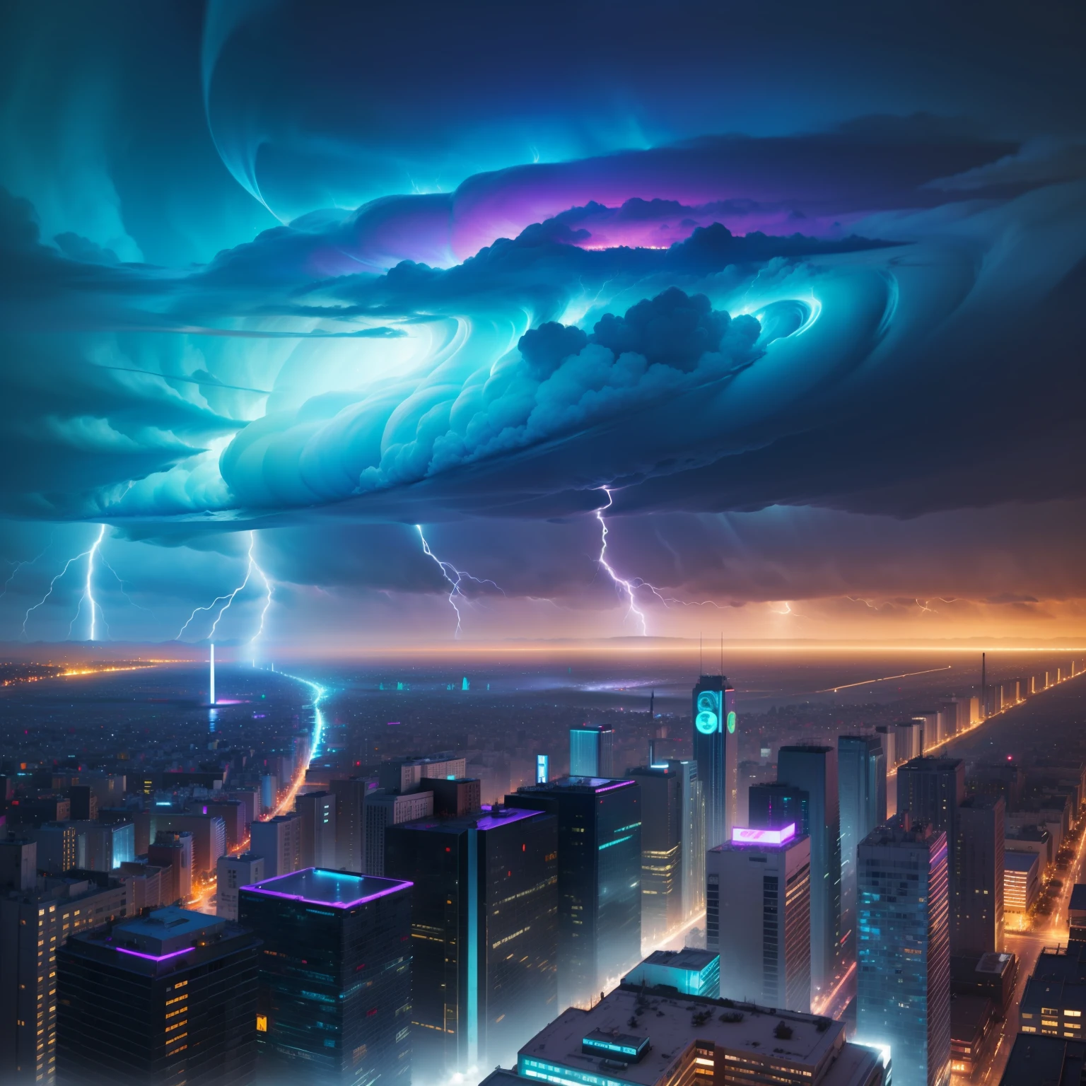 City at night in storm