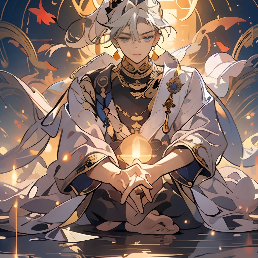 A Tantangong Buddha, Splendid robe, guilty expression, Eyes compassionate and bright, hands folded, lotus seat, statue, light shrouded in light, wisdom, compassion light, (solo 1.6) solo (1.6), solo, high detail, high quality, masterpiece best quality, full HD,
