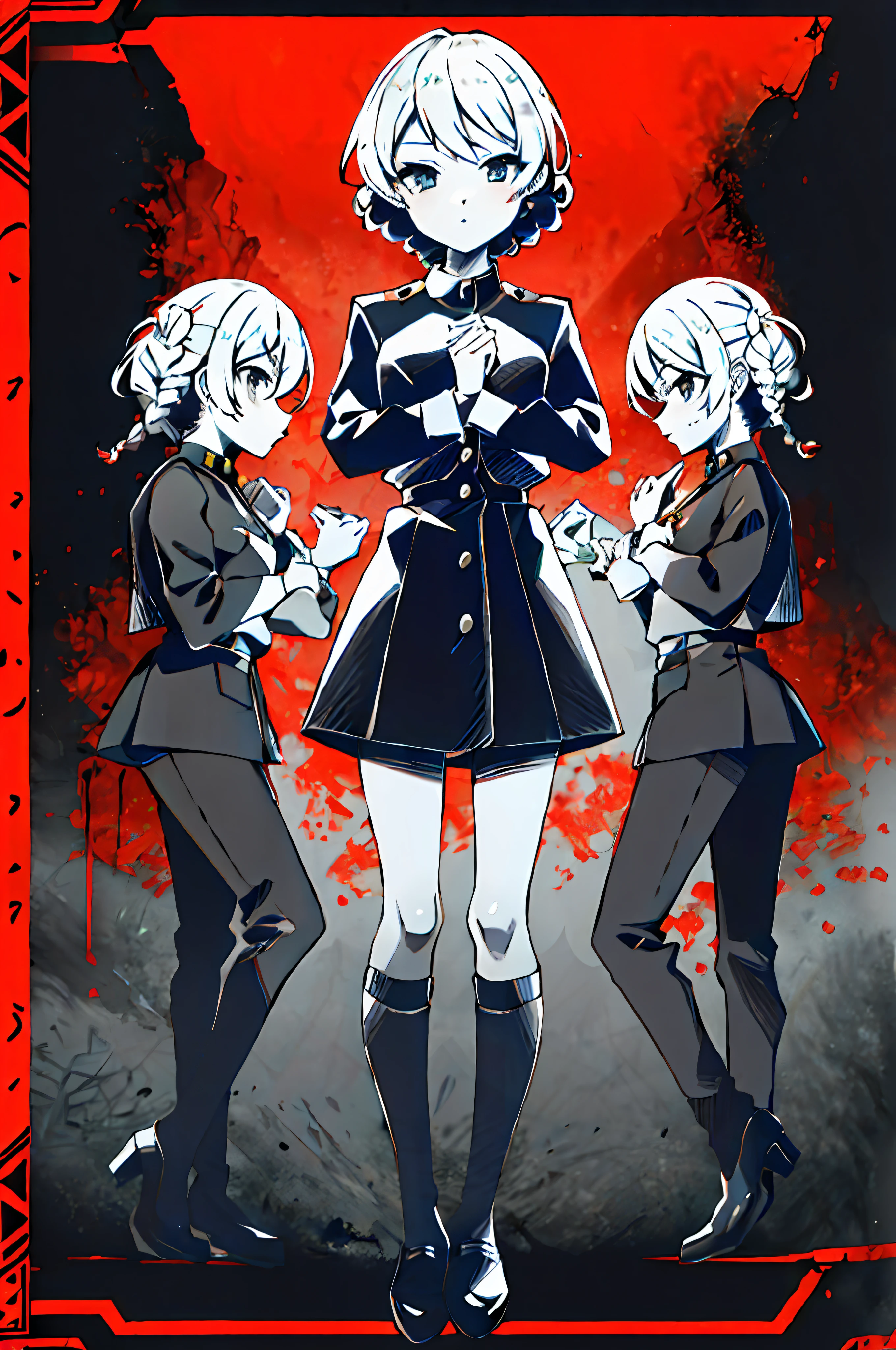 masterpiece, top quality, absurdity, perfect anatomy, monochrome,one girl, darjeeling, twin braids, short hair, crossed arms, midchest, standing,looking at the viewer, st. gloriana's military uniform, black skirt, uniform, red jacket,