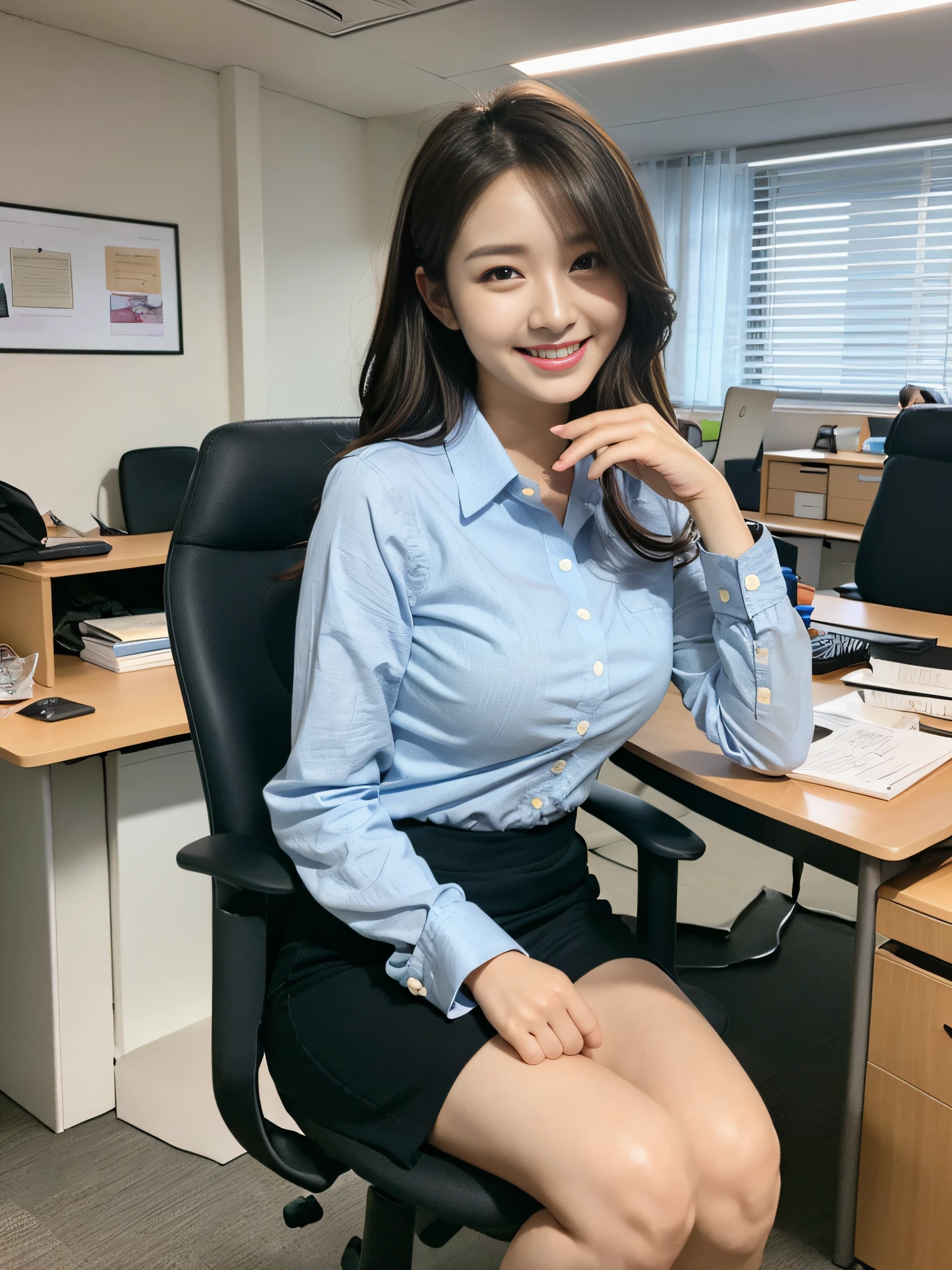 sitting in a chair, high quality, super realistic, office lady, beauty, smile, beautiful legs, beautiful eyes, beautiful and accurate face, beautiful hands, background is office