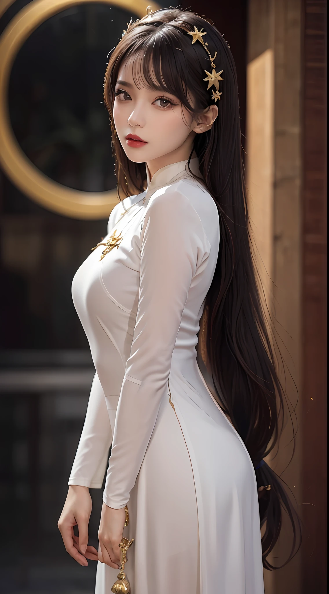1 27-year-old girl, 1 zodiac goddess from the future, goddess of the pink and purple 12 zodiacs, the goddess of the zodiac in a yellow ao dai, a 12 zodiac ao dai with many black lace detail, mythology Goddess of the 12 zodiacs from the future, zodiac ♏, luxurious glittering zodiac style, dark and mysterious version, zodiac crown, lipstick lips red, thin and beautiful lips, mouth closed, characters made by karol bak and pino daeni, intricate detail, detailed background, extremely detailed, light magic, a woman, clear face, hair long with bangs, beautiful face in detail and well-proportioned eyes, (transparent yellow eyes: 1.8), big round eyes and very beautiful and detailed makeup, foresight, silk dress, mysterious makeup , double bangs and dyed light blonde , upper half portrait, zodiac goddess portrait, arms hanging loosely, Realistic and vivid photo, (stars make up the zodiac: 1.7), (sky background zodiac and fictitious space and time portal: 1.8), fiction art, RAW photo, hanfu picture, best photo, best photo quality, 8k quality, 8k ulta, super realistic, real photo most economical,