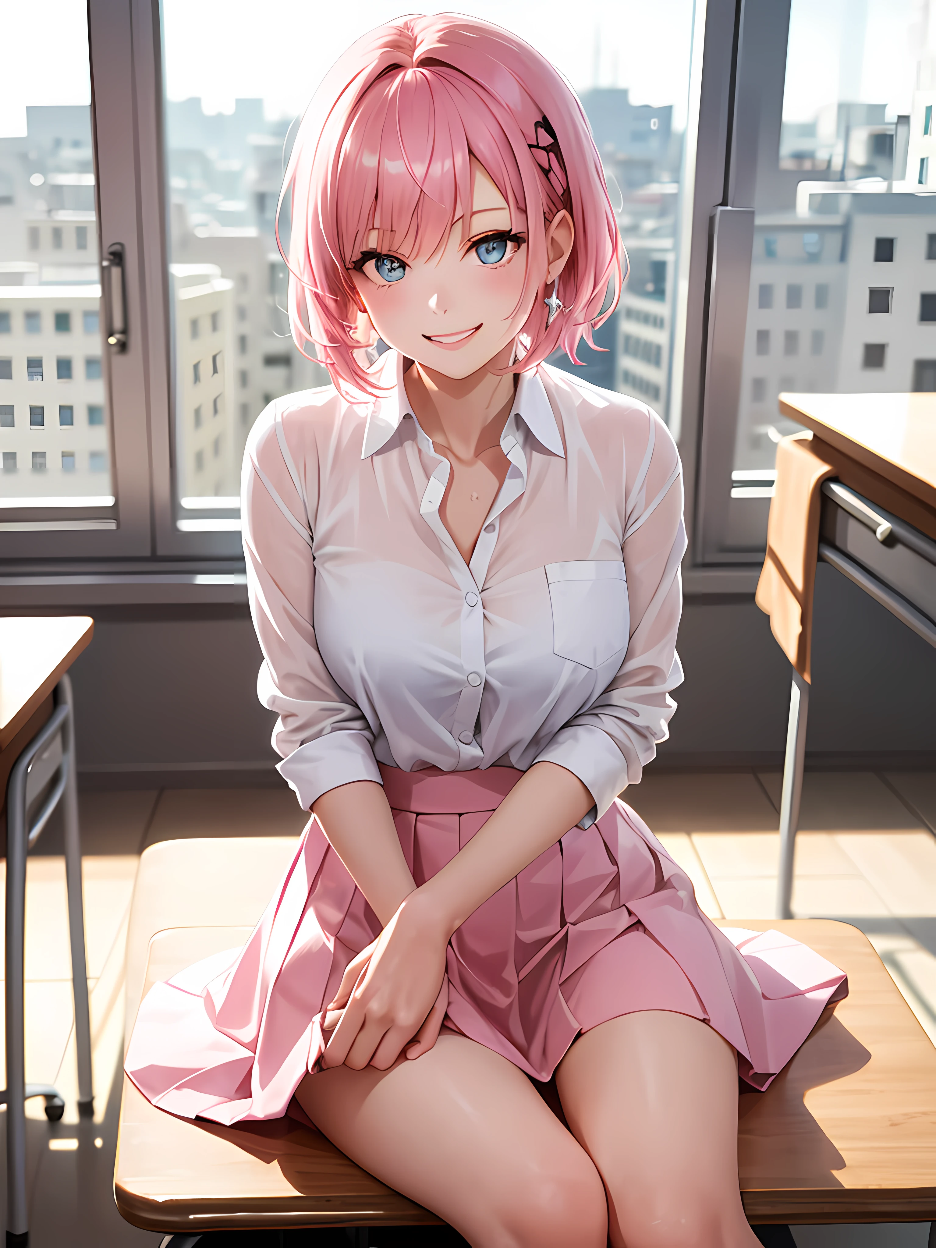 Masterpiece, best quality, exquisite details), 1 girl, solo, pink hair, sitting, background classroom, sunlight in the house, smile, sexy, bad smile, white shirt, pink skirt, close-fitting, transparent, sexy, crowd onlooking, lively, exquisite details, photo taking, perfect eyes, evil laugh, dynamic angle, auto depth of field, focus task