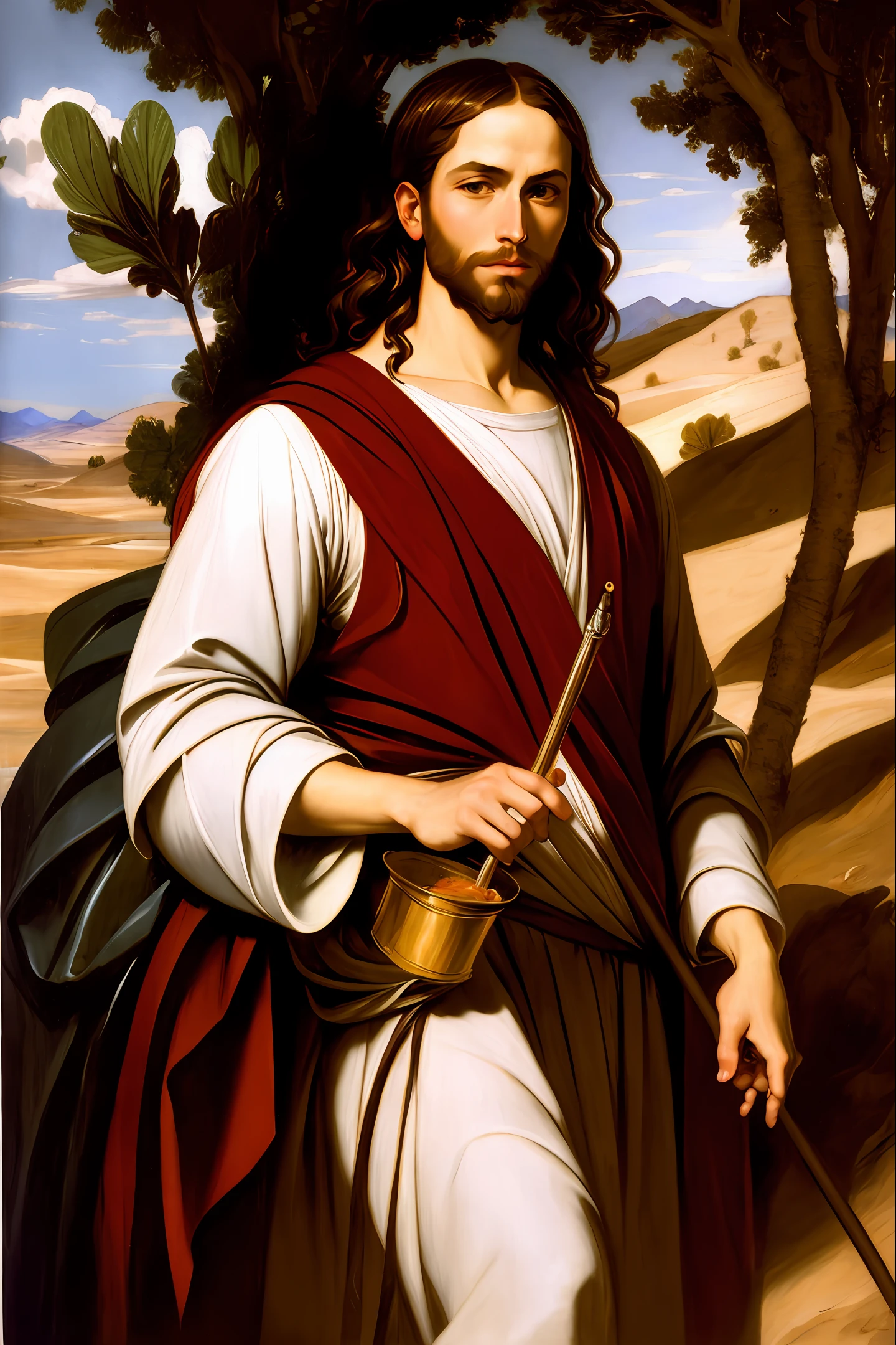 A beautiful ultra-thin realistic portrait of Jesus, the prophet, a 33-year-old Hebrew man, long brown hair, long brown beard, wearing white tunic, in front view, full body, biblical, realistic, in the desert intricate details, by Abbott Fuller Graves, Bartolome Esteban Murillo, J.C. Leyendecker, Craig Mullins, Peter Paul Rubens, (Caravaggio), Trend in Artstation, 8K, Concept Art, PhotoRealistic, Realistic, Illustration, Oil Painting, Surrealism, HyperRealistic, brush brushes, Digital art, style, watercolor