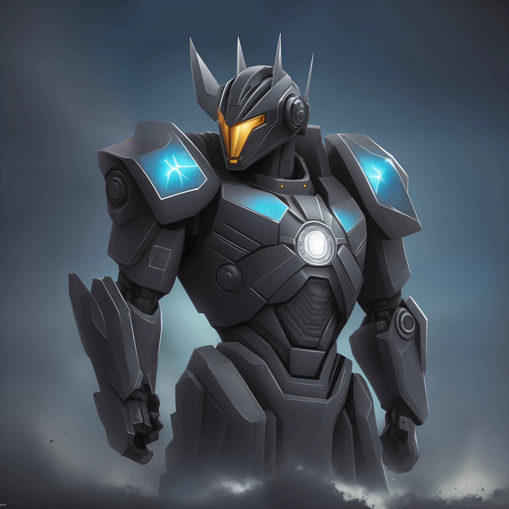Giant robot, dark blue with black details, bright eyes, holding a motocera sword