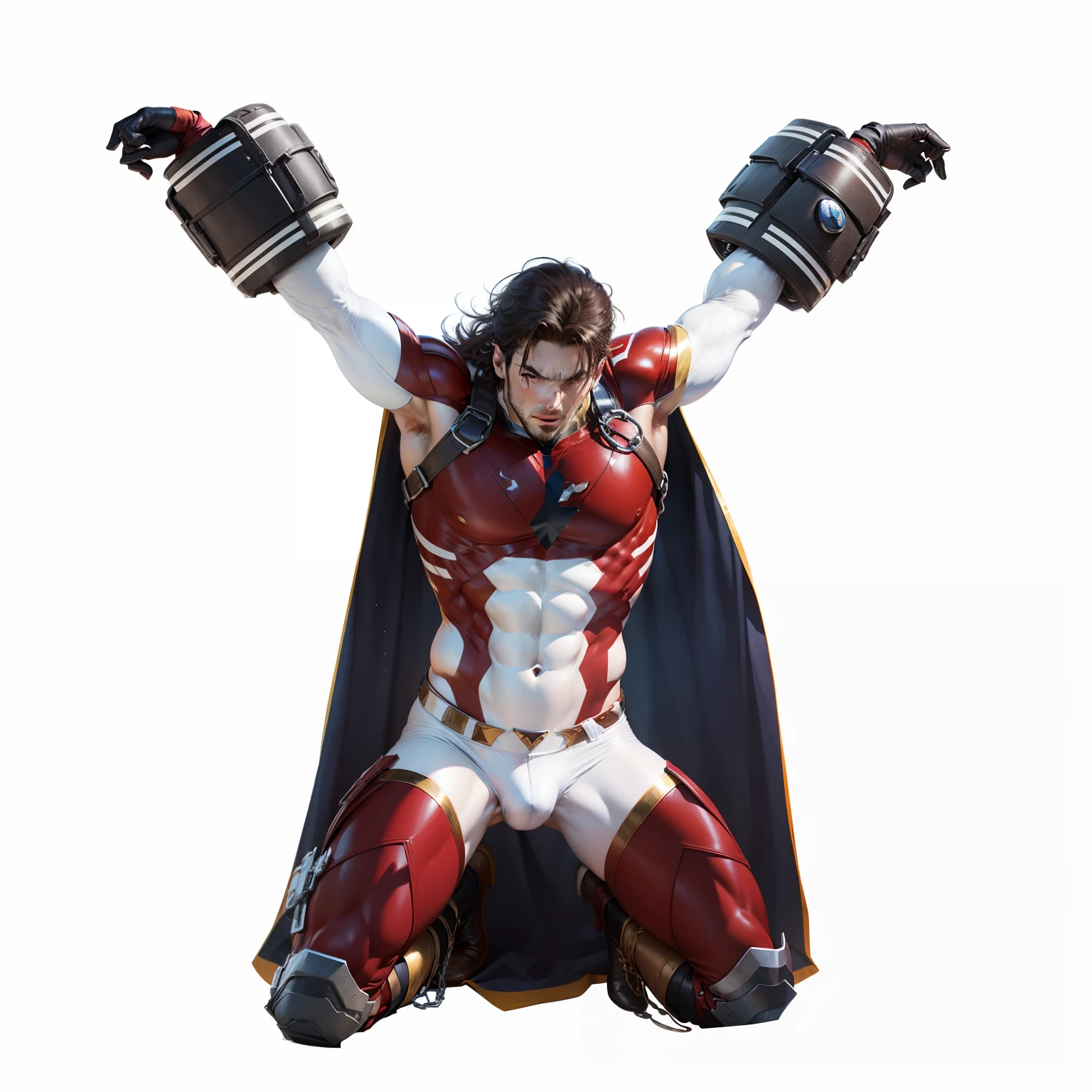Male hero with bulge, tied with hands up