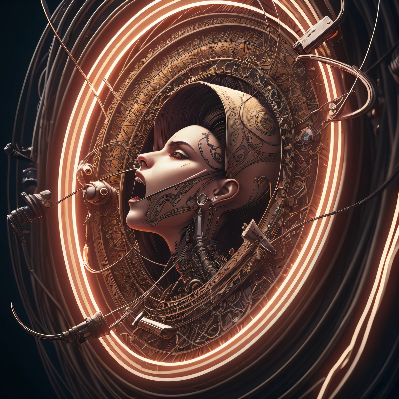 Complex 3D representation, ultra-detailed beautiful angel of death, biomechanical cyborg, 150mm analog lens, beautiful natural soft edge light, neon naders, roots, fine leaf tip, colorful details, Boris Bidjan Saberi outfit, pearl earrings, piercing, Art Nouveau fashion embroidered, intricate details, wire mesh, Mandelbrot fractal, facial muscles, cable wires, microchip, badass, hyper-realistic, ultra-detailed, octane rendering, volumetric lighting, 8k post-production, red and white with some black, detailed metal bones, semi-human, dazzling colors, Glenn Brown style, futuristic space, power of God, bird's eye view, complex postures --auto