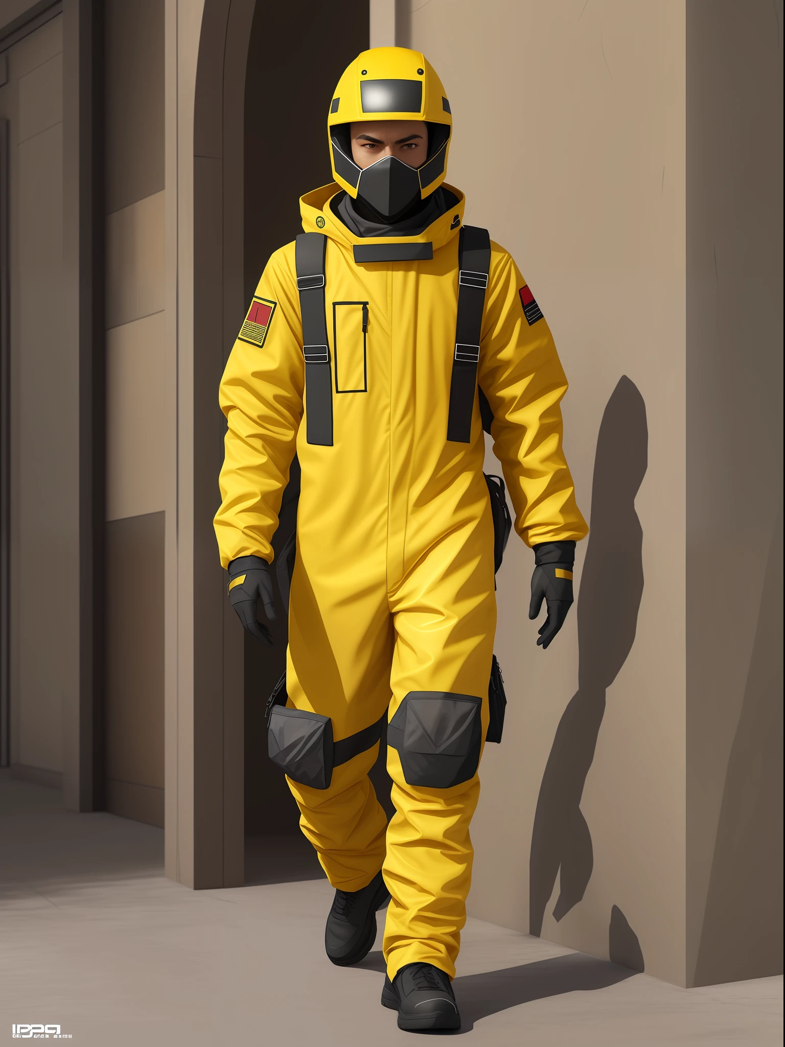 A man, wearing a closed yellow hazard suit, concept art, full body