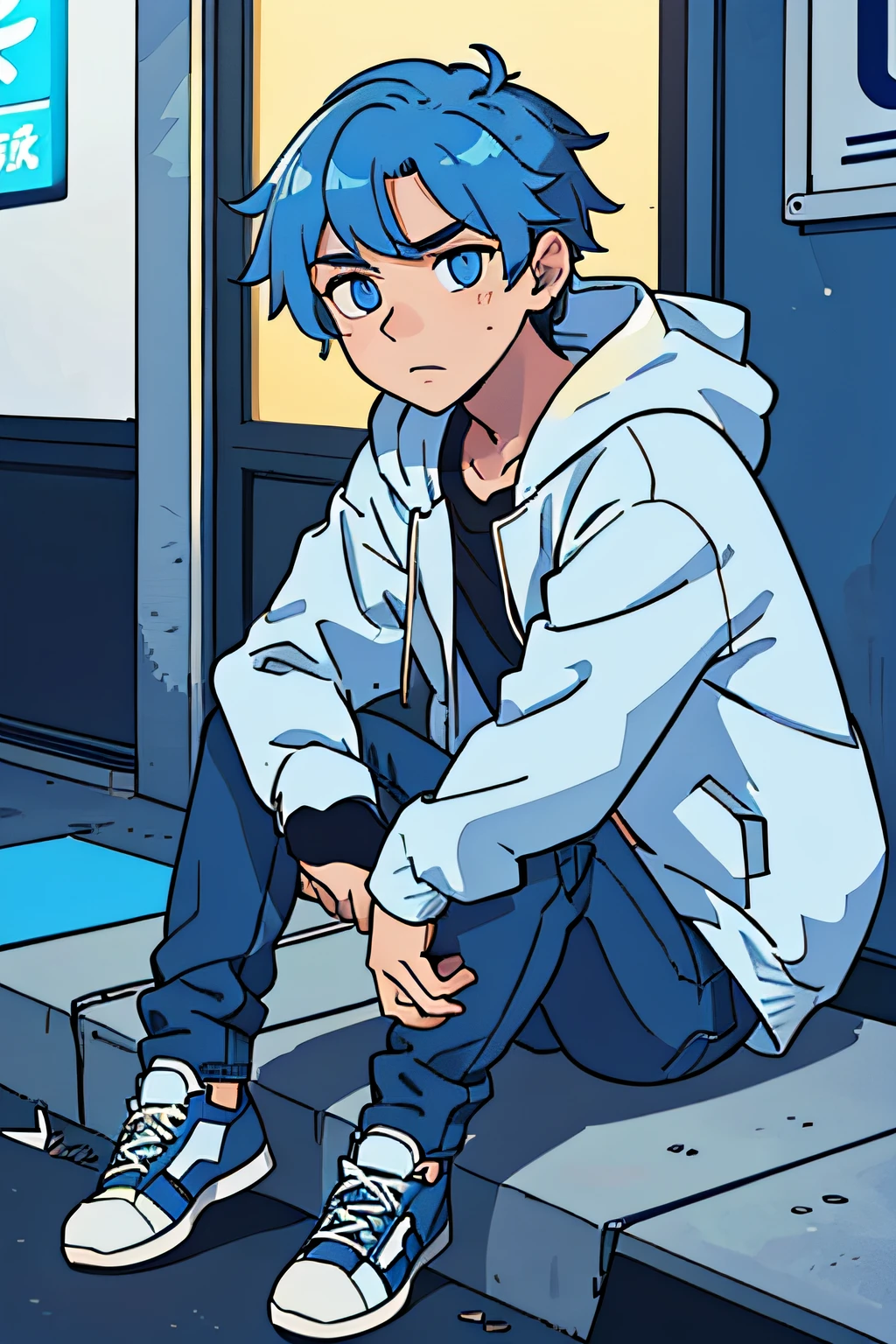 (best quality, masterpiece1.2),1boy, medium blue hair, intensely detailed blue eyes, hooded jacket on head, jeans, All Star sneakers, face of a lazy person, extremely beautiful, street, neon, deep scenery, eyes shining