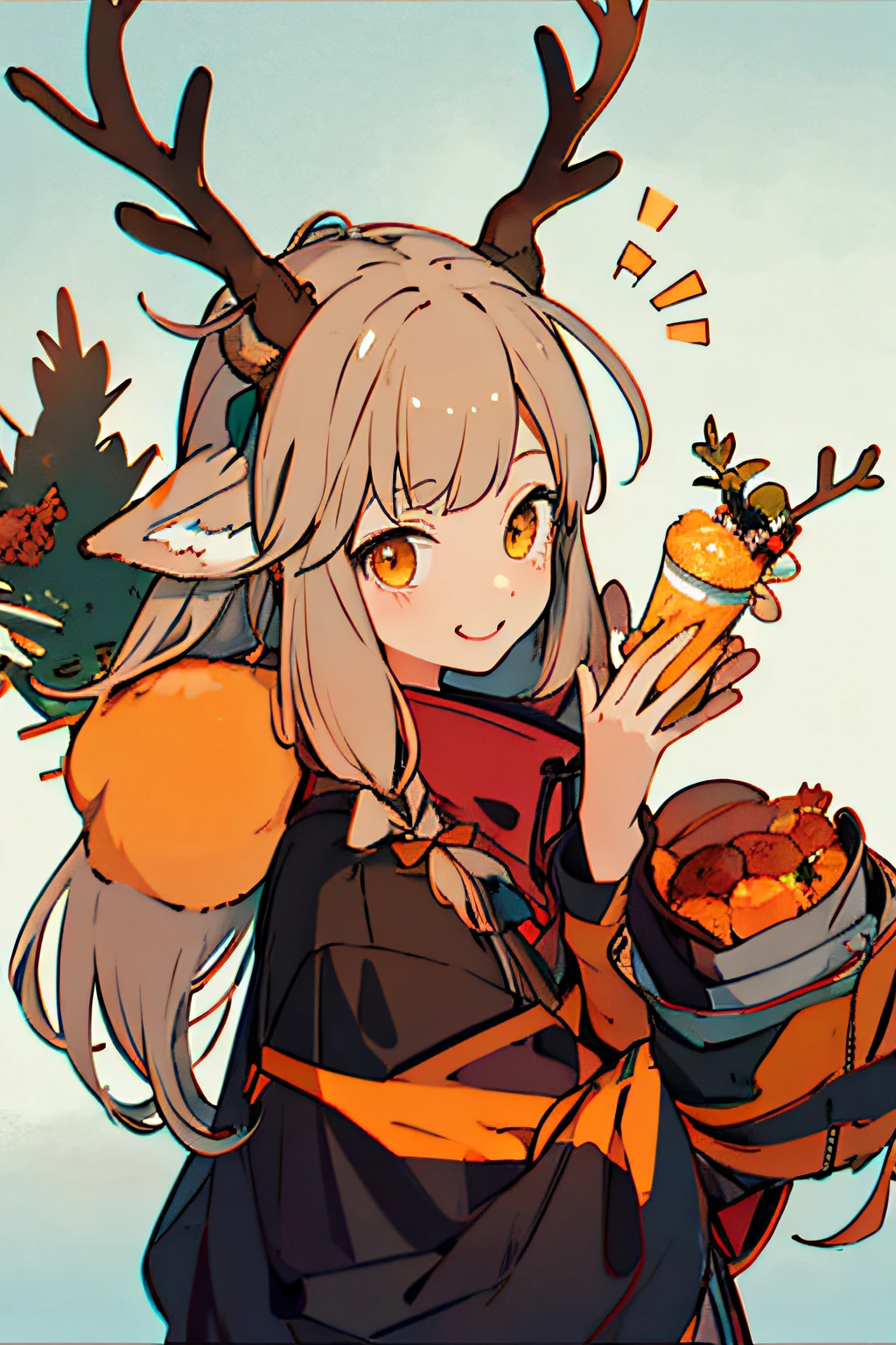 A cartoon girl, short antlers, deer ears, cute, anthropomorphic deer female, anthropomorphic deer, cute horns, [[[[laughs], meme, cute, antlers on the head, by Kanbun master, li, 🍁 🍂 cute characters