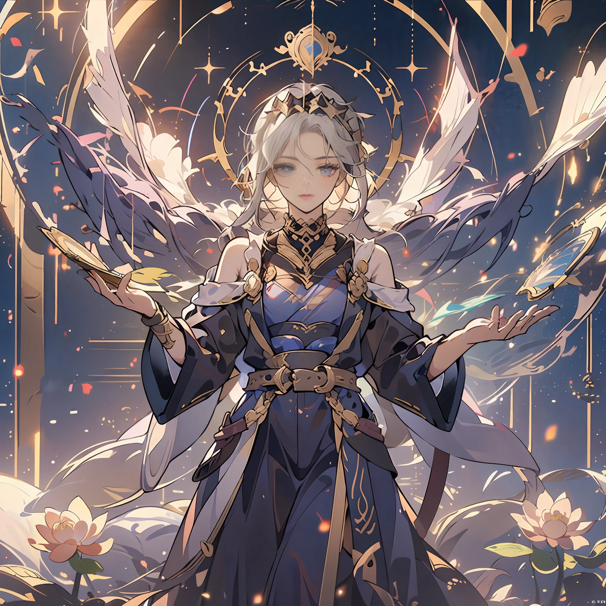 Messenger of the Altar of Purity: Standing tall, wearing a white robe, holding a lotus fan, bright eyes, guilty expression, bowed head and light action, dancing like a flying swallow, showing endless mysterious power, masterpiece best quality high detail high quality, high definition, full HD