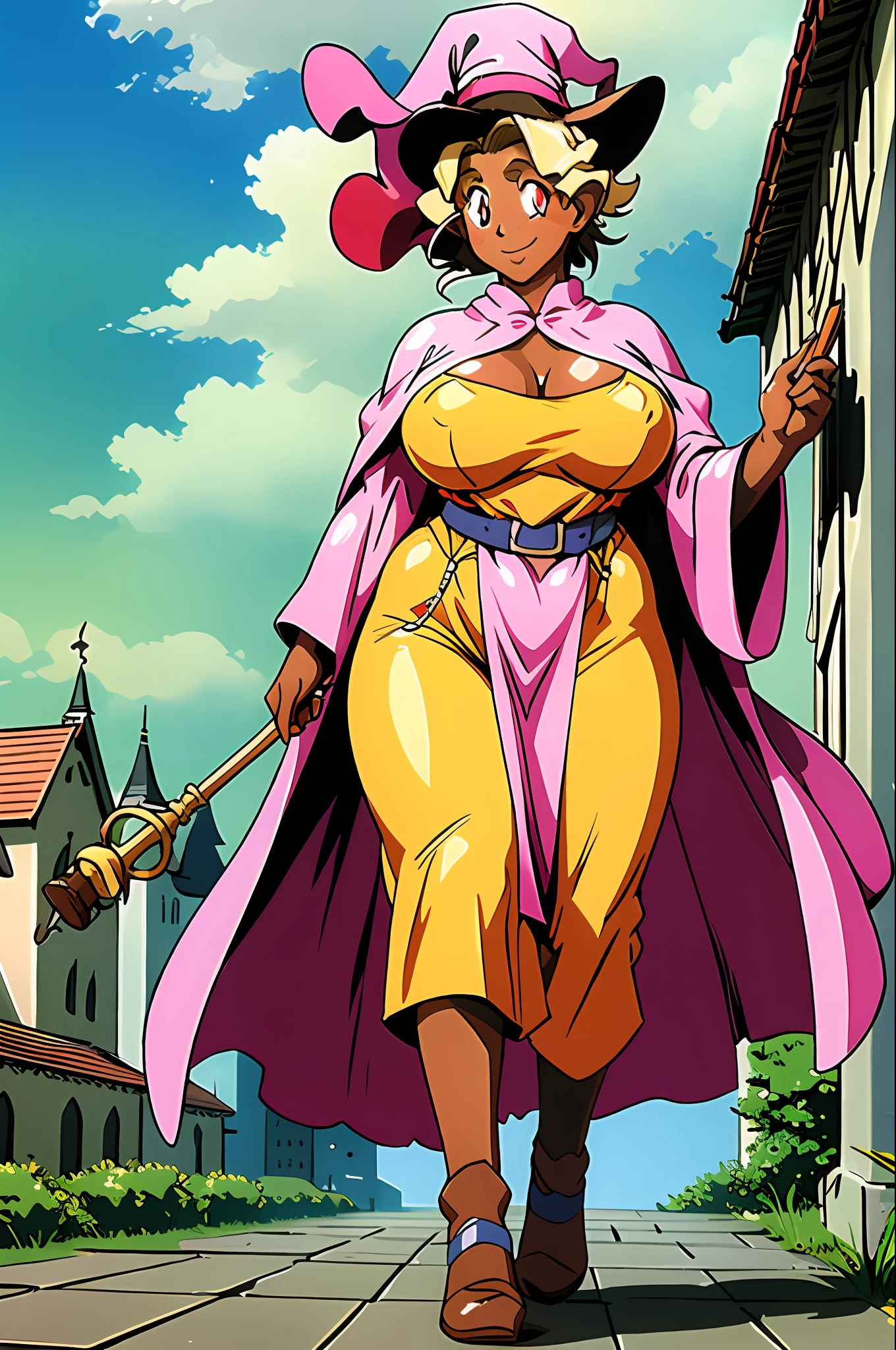 masterpiece, 1girl, Kuramitsu mihoshi, brown hair, dark skin, wizard's hat, wizard's robes, holding staff, smiling, blush, castle, brick floor, medieval, dust, fog, sunny, clouds, red eyes, walking, full body, huge breast, thicc